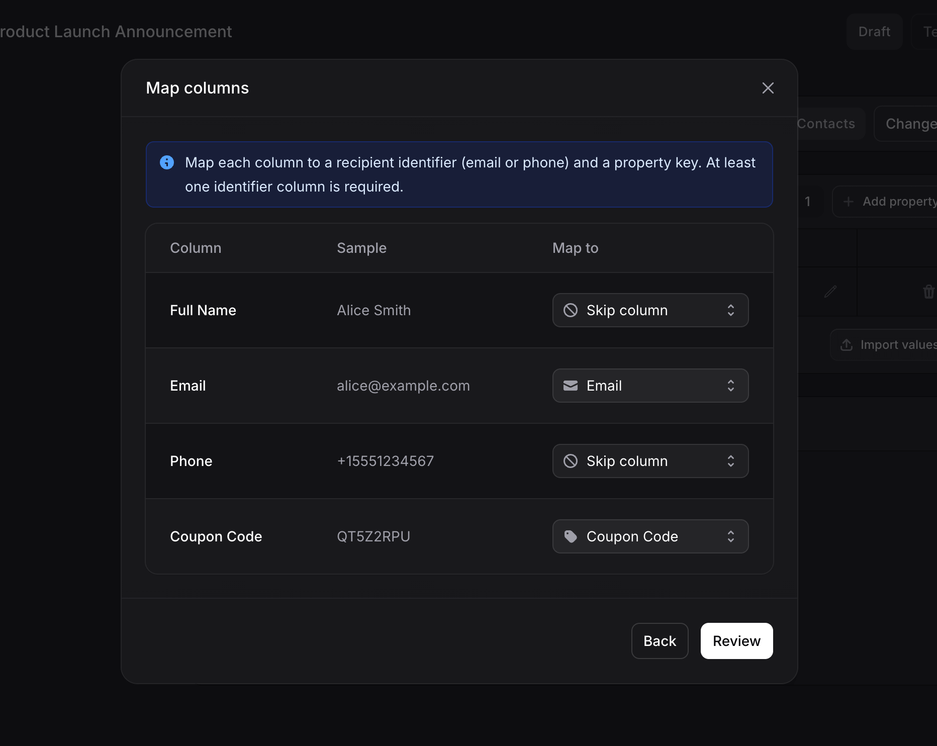 Import property values dialog with column mapping