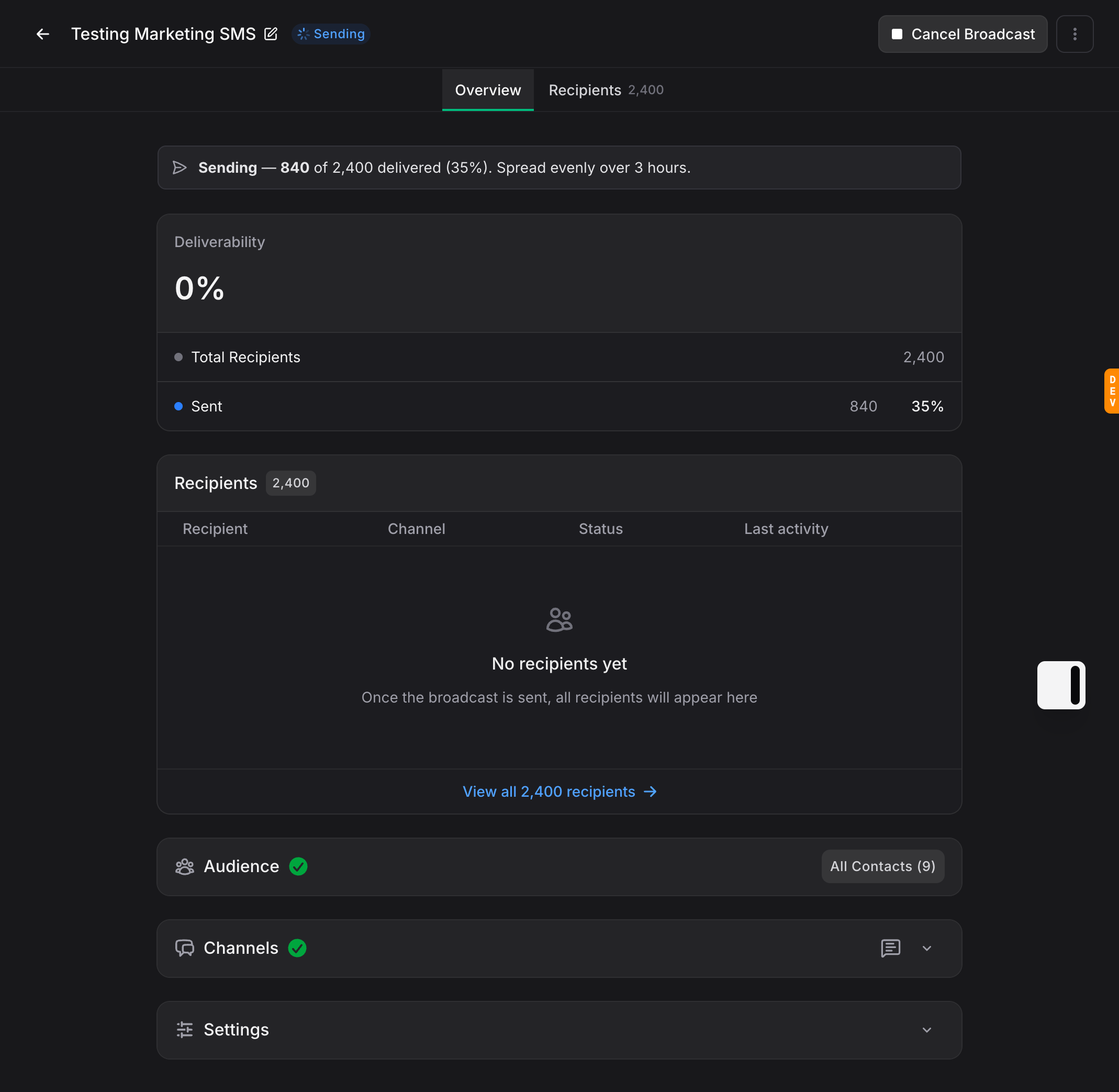 Broadcast mid-send: a Sending banner showing delivery progress and pace, with a Cancel Broadcast button