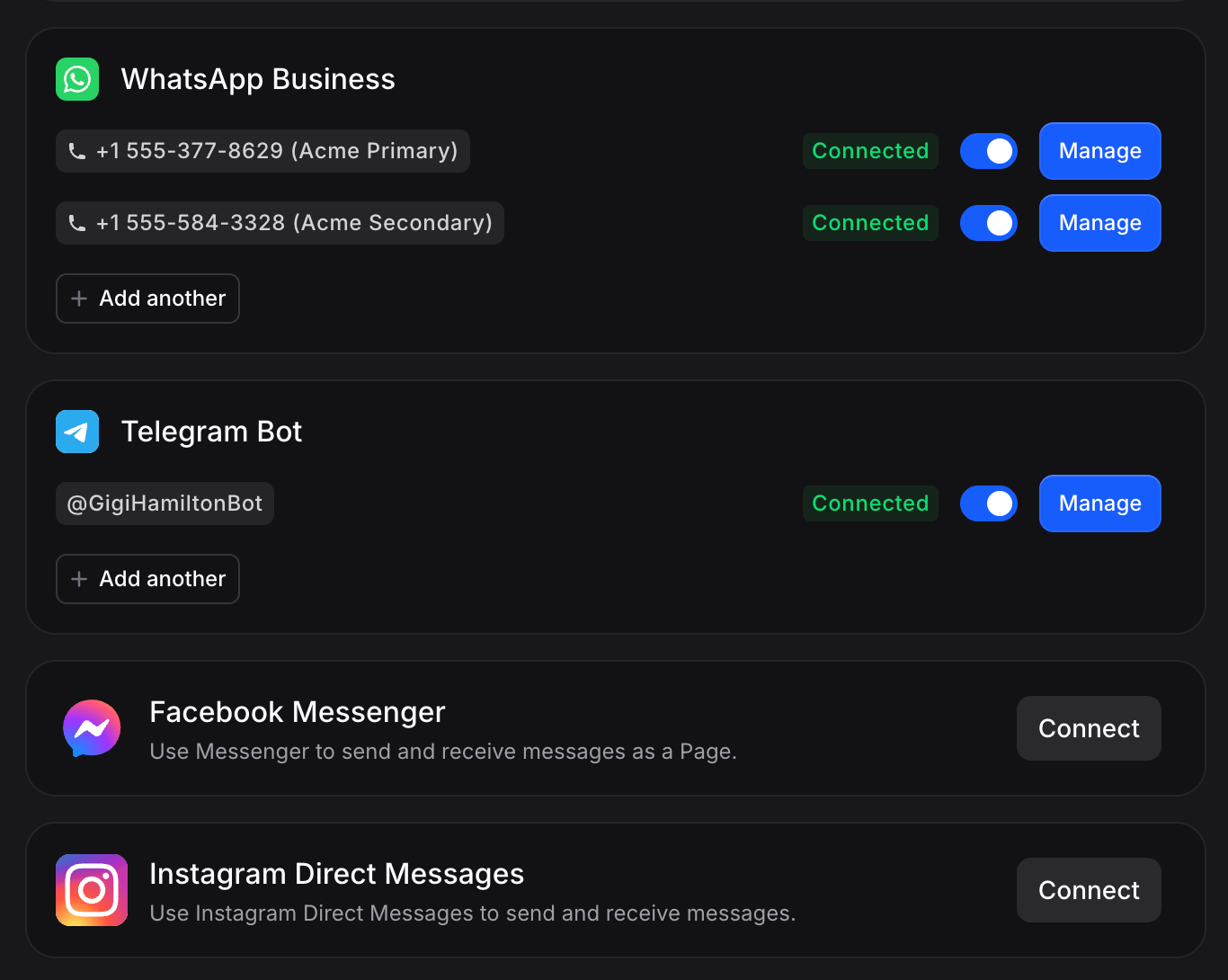 Assistant with multiple WhatsApp numbers and Facebook Pages connected