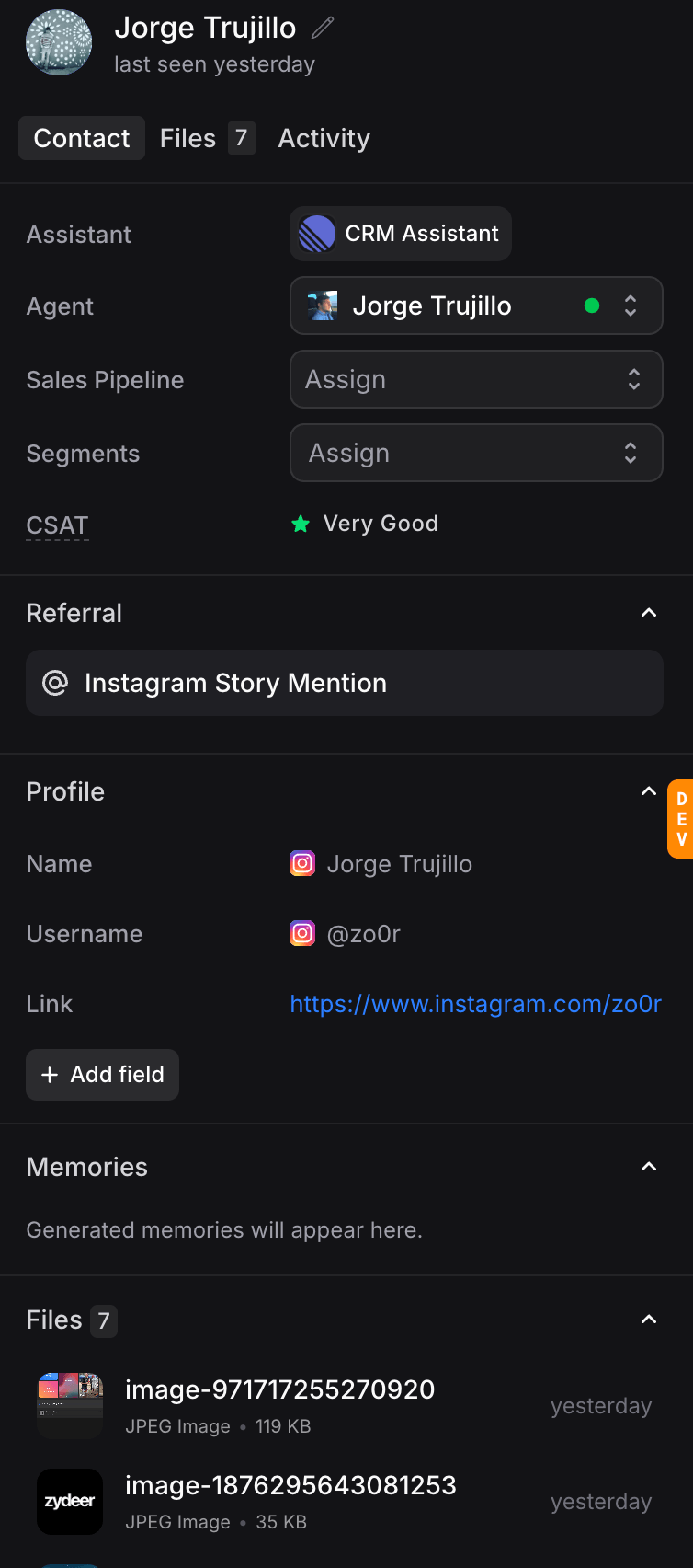 Contact panel showing referral source and files