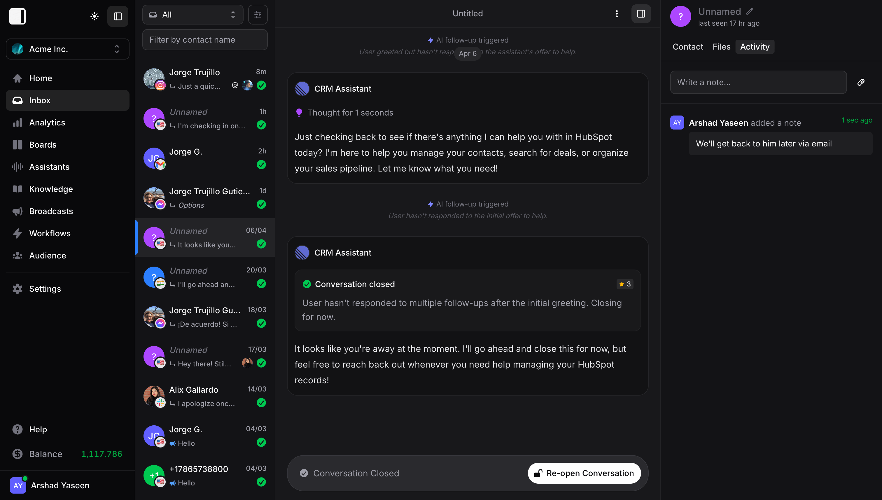 Inbox showing the Activity tab with notes and timeline