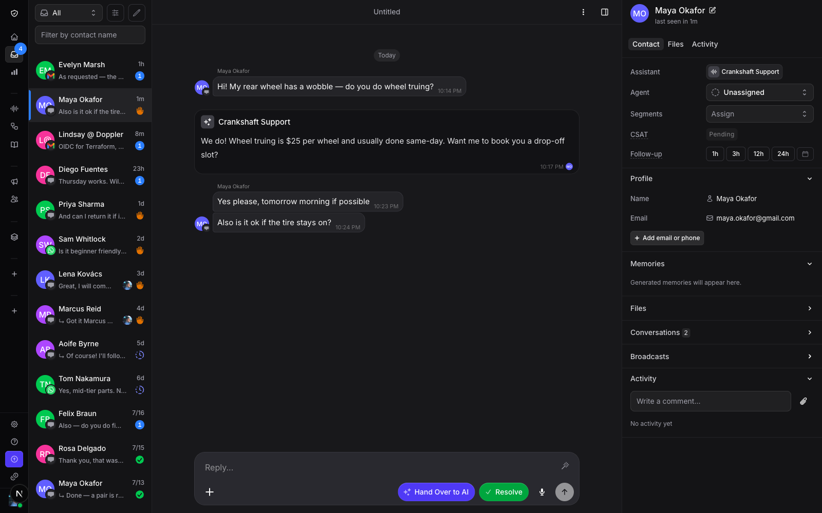Inbox overview with the conversation list on the left, message thread in the center, and contact panel on the right