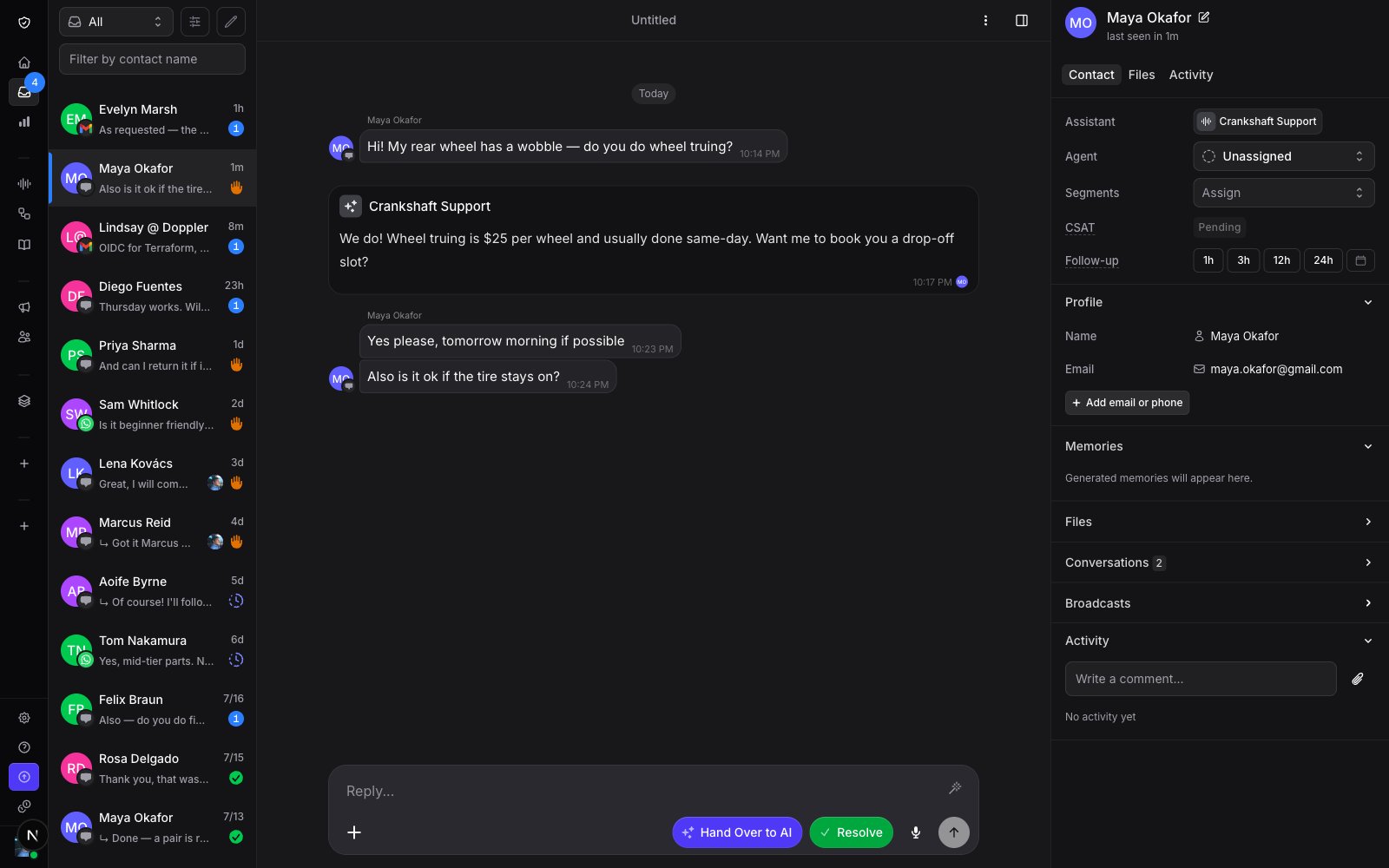 Inbox overview with the conversation list on the left, message thread in the center, and contact panel on the right