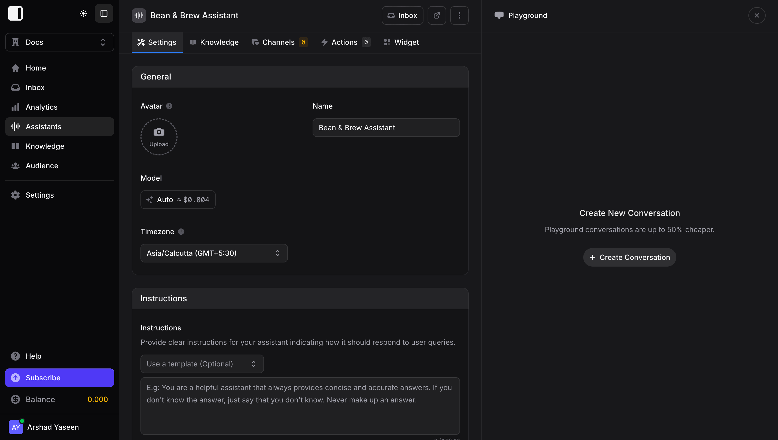 Assistant configuration page after creation