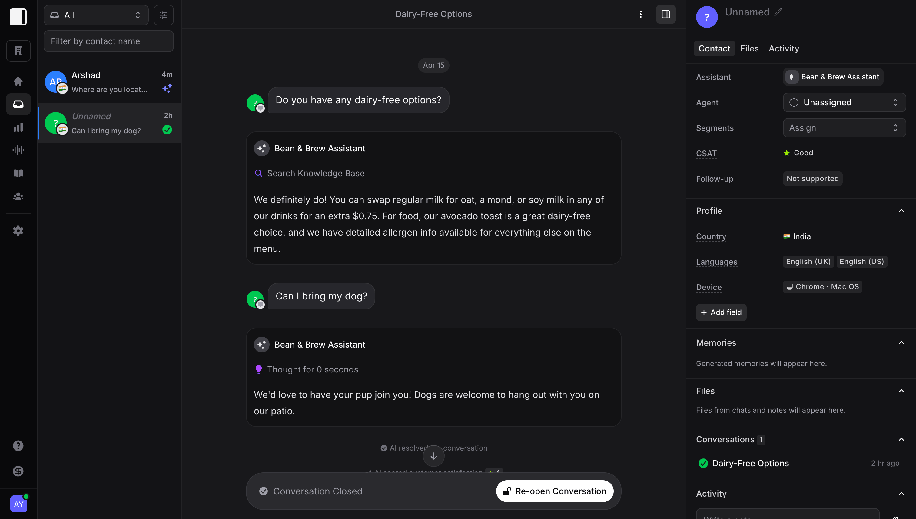 Inbox showing the web widget conversation