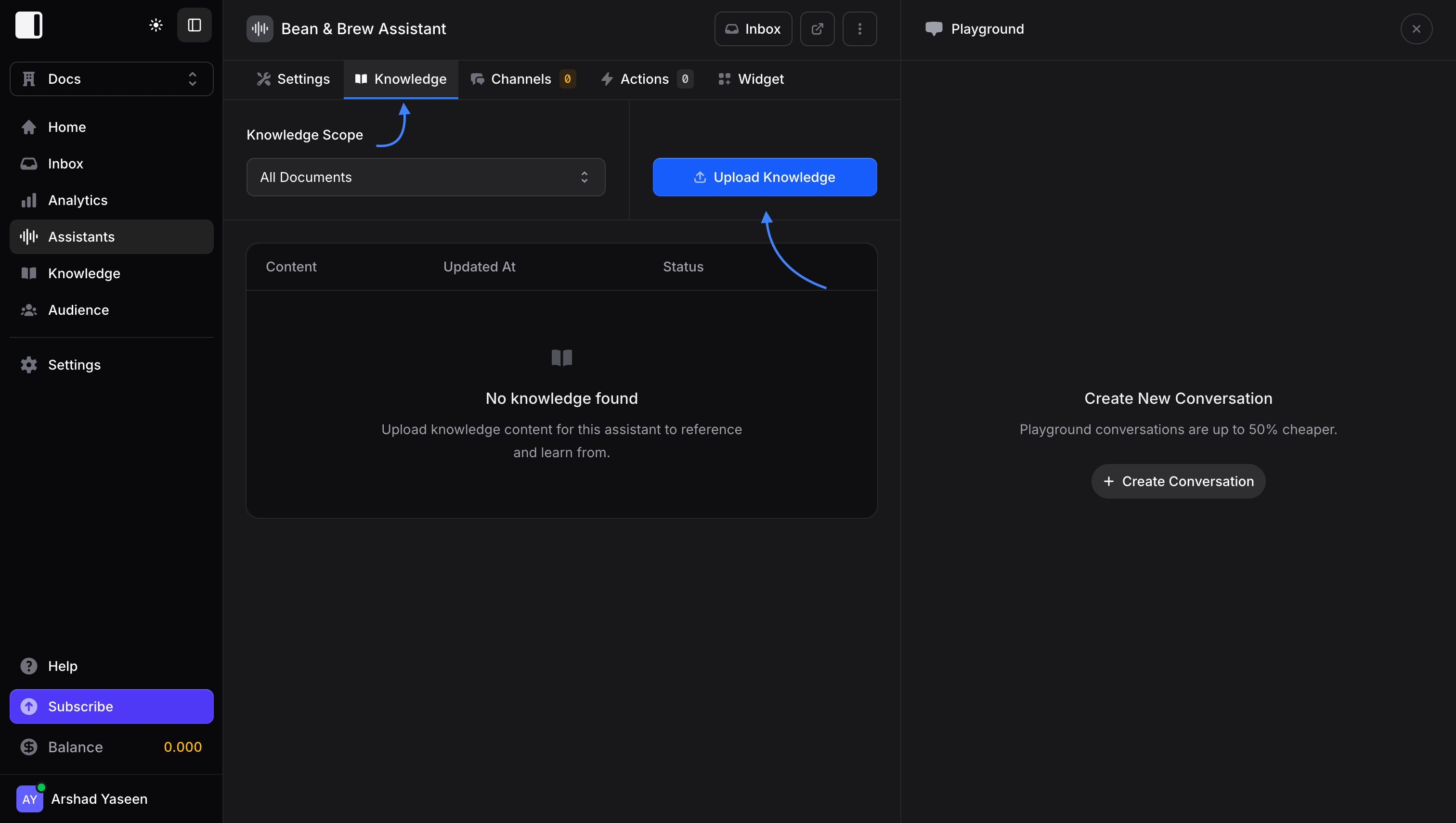 Knowledge tab and Upload Knowledge button