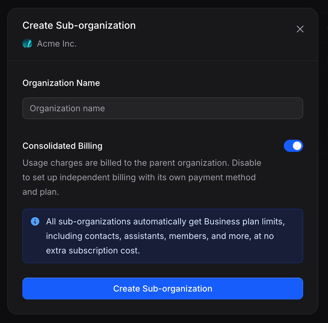 Create Sub-organization modal with name input