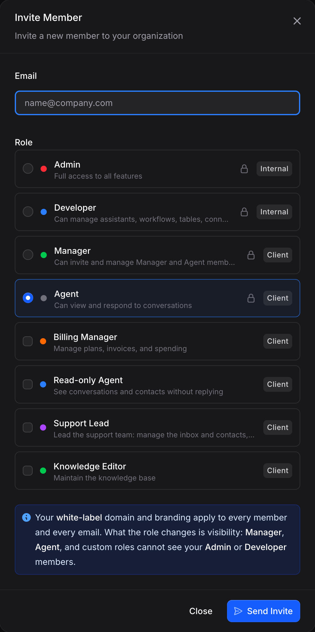 Choosing system or custom roles when inviting a member
