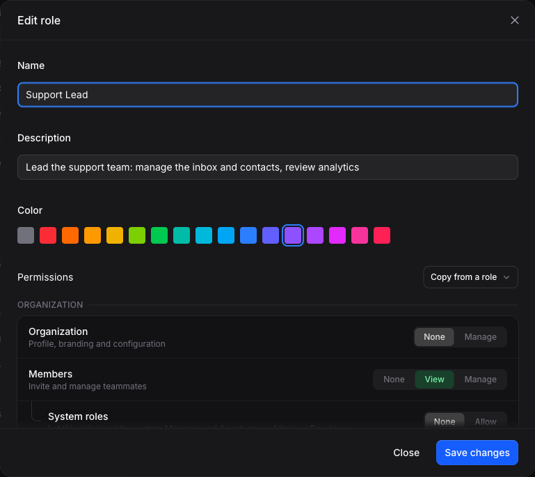 The role permission editor with None, View, and Manage levels