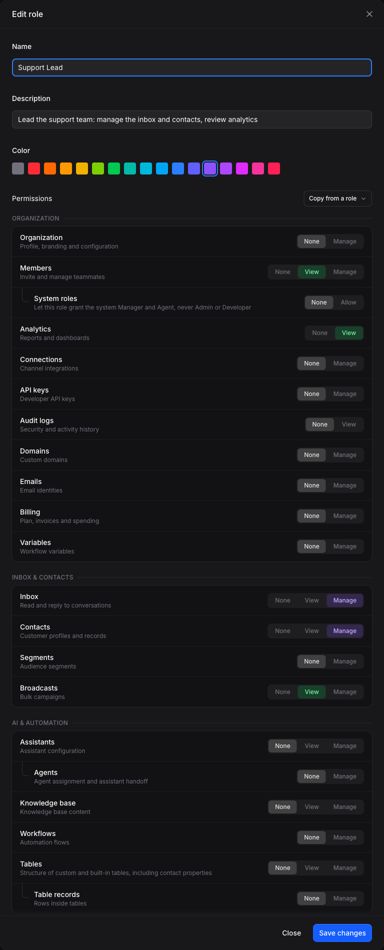 The full permission catalog in the role editor