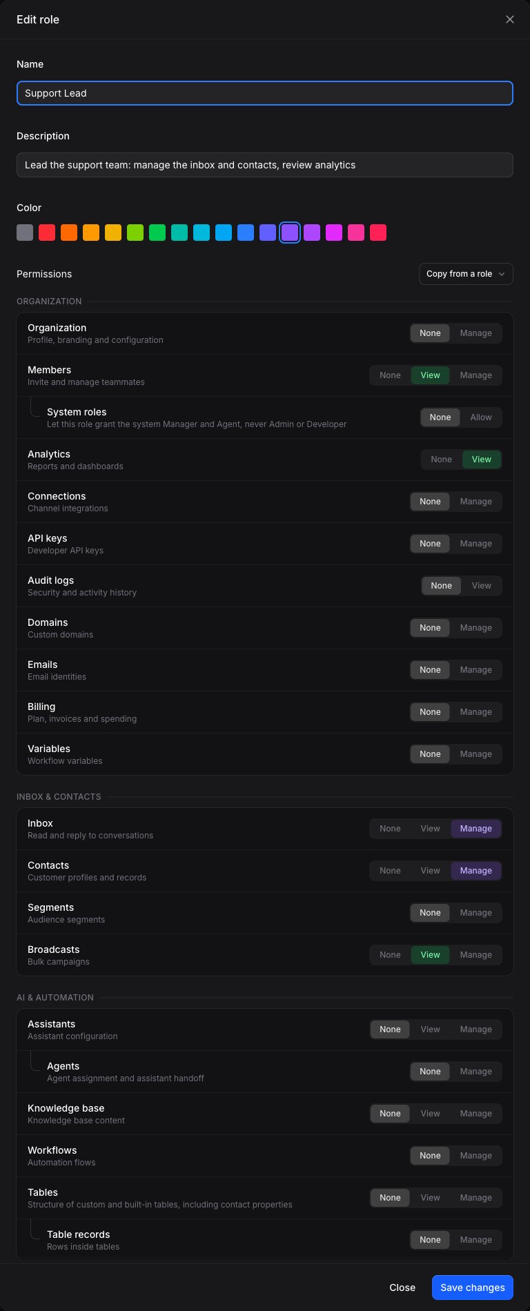 The full permission catalog in the role editor