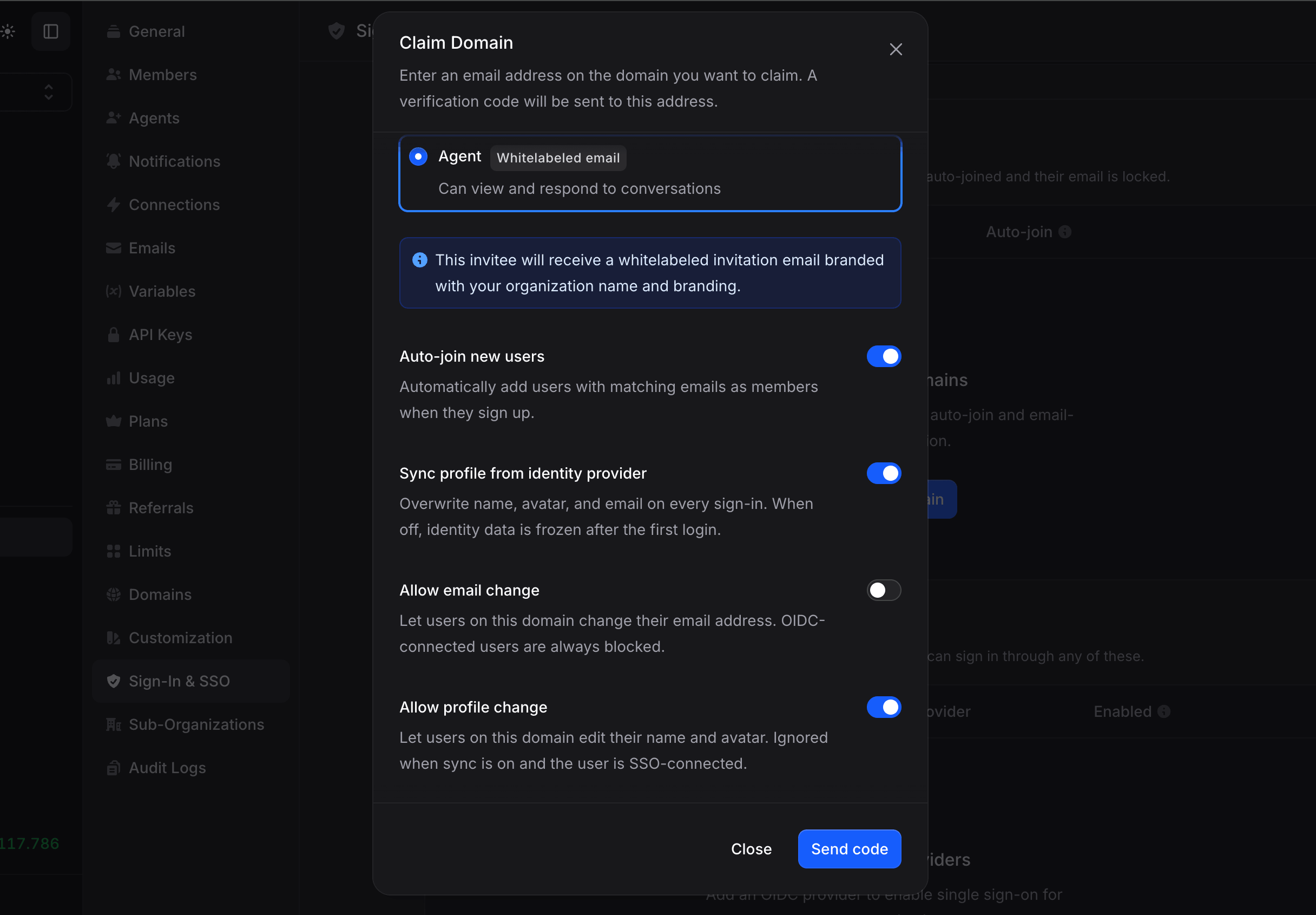 Add domain dialog (toggles and submit)
