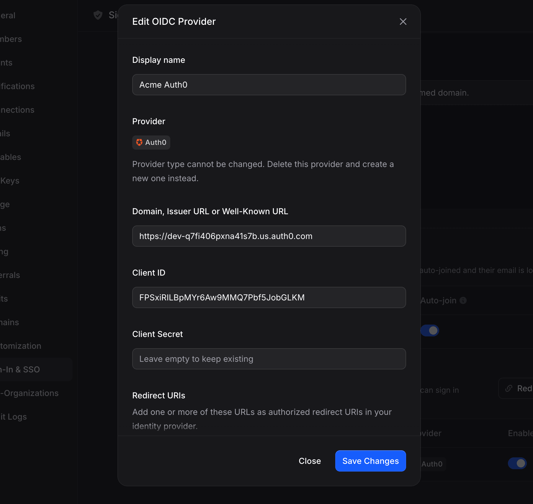 Edit profile dialog