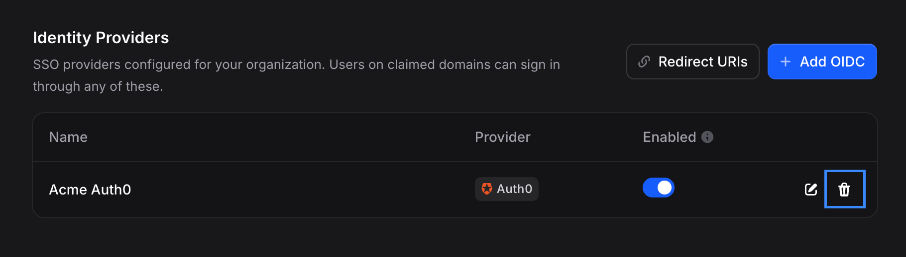 Delete icon on profile row