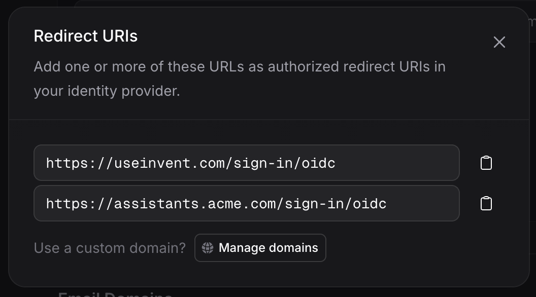 Redirect URIs dialog