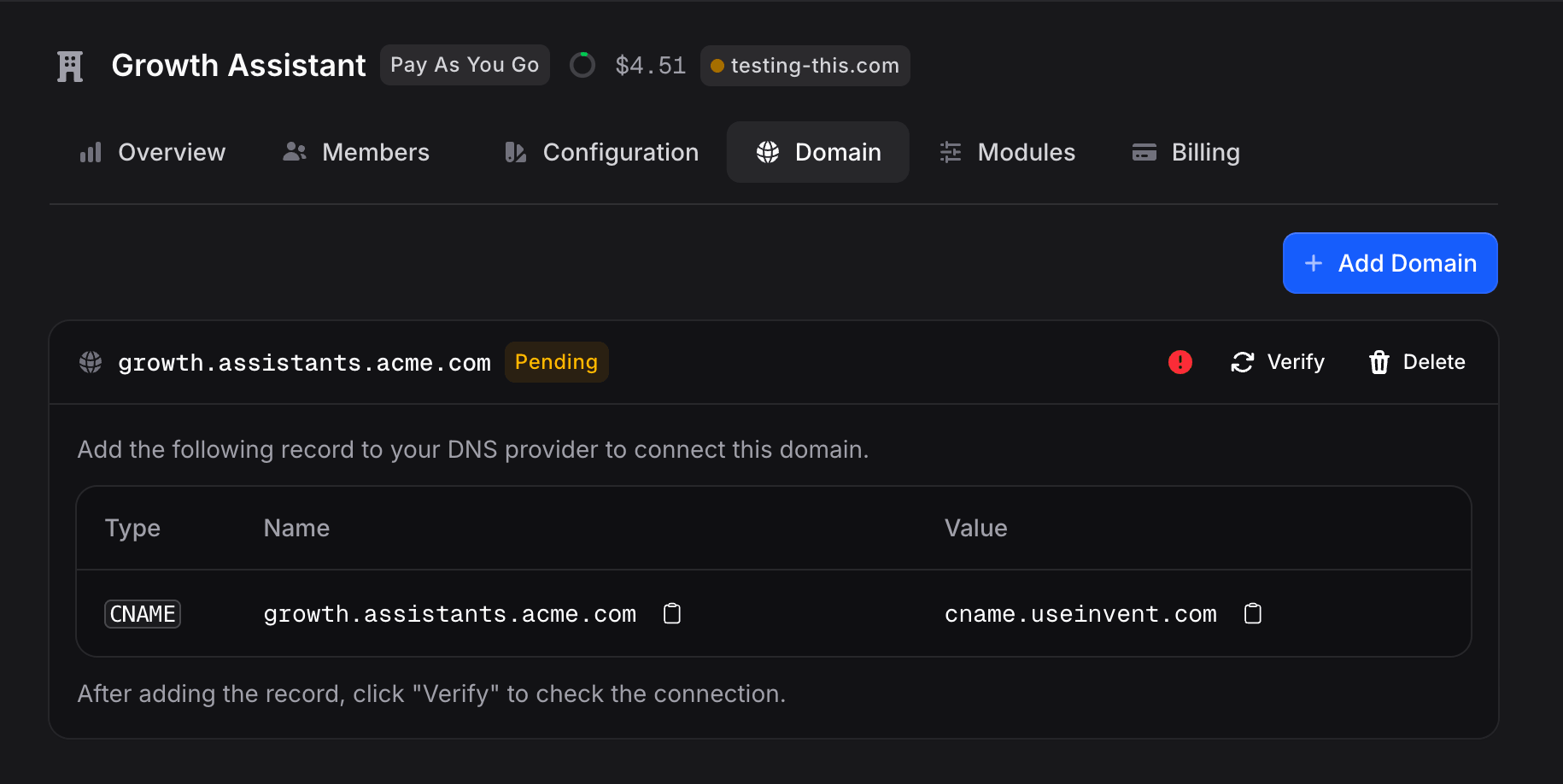 Domain tab inside a sub-organization with an Add Domain button