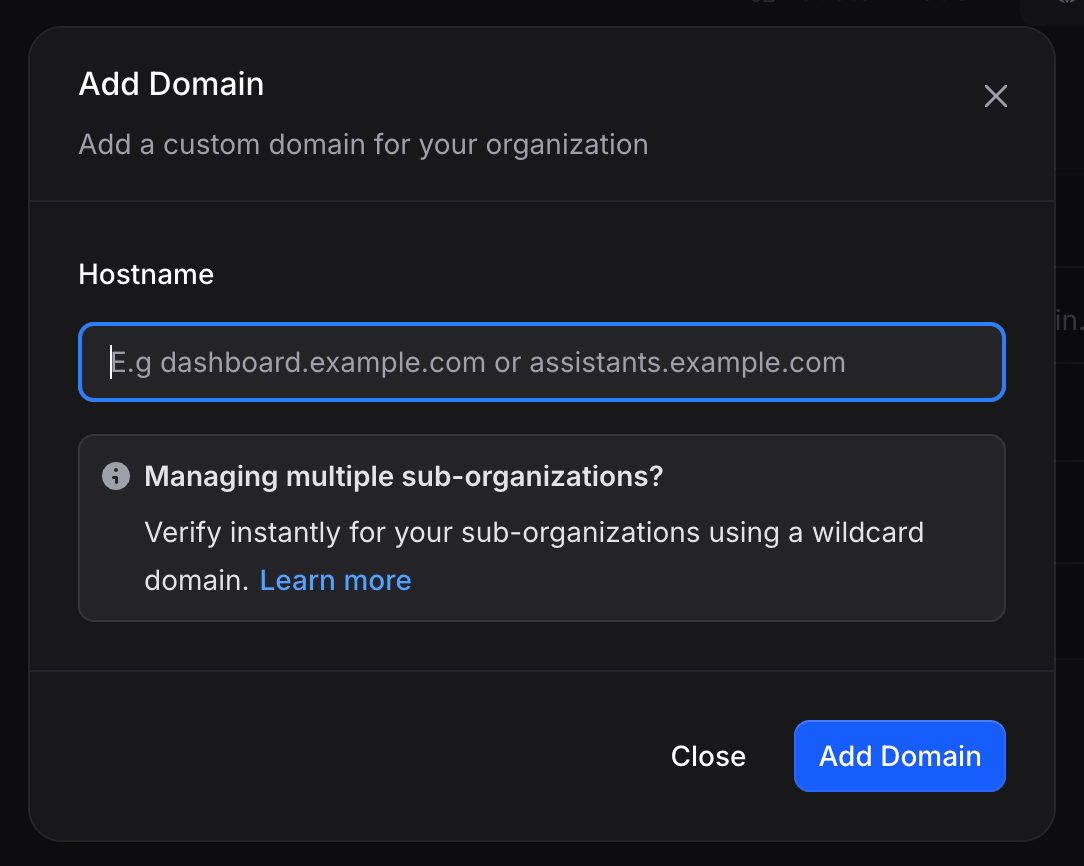 Add Domain modal with hostname input