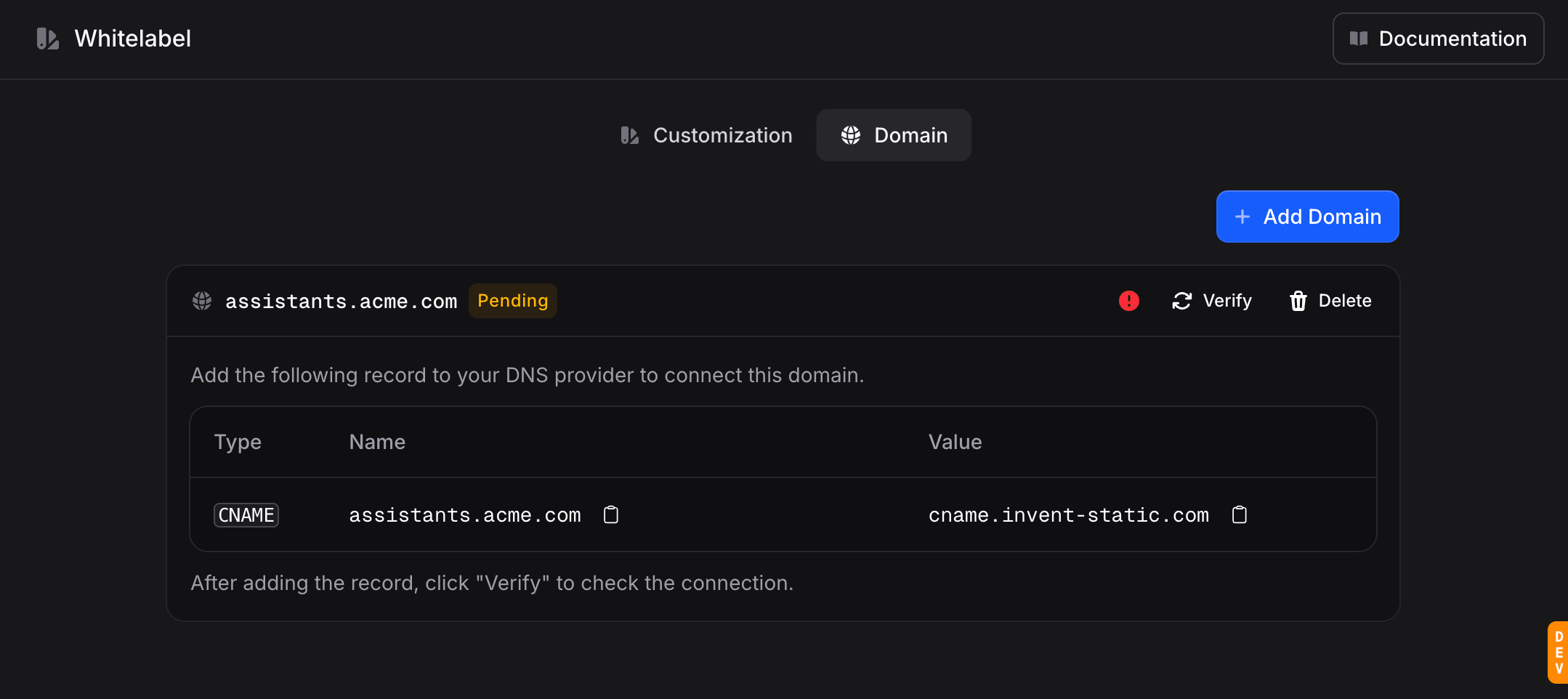 Domain tab with a pending domain and the CNAME record to add