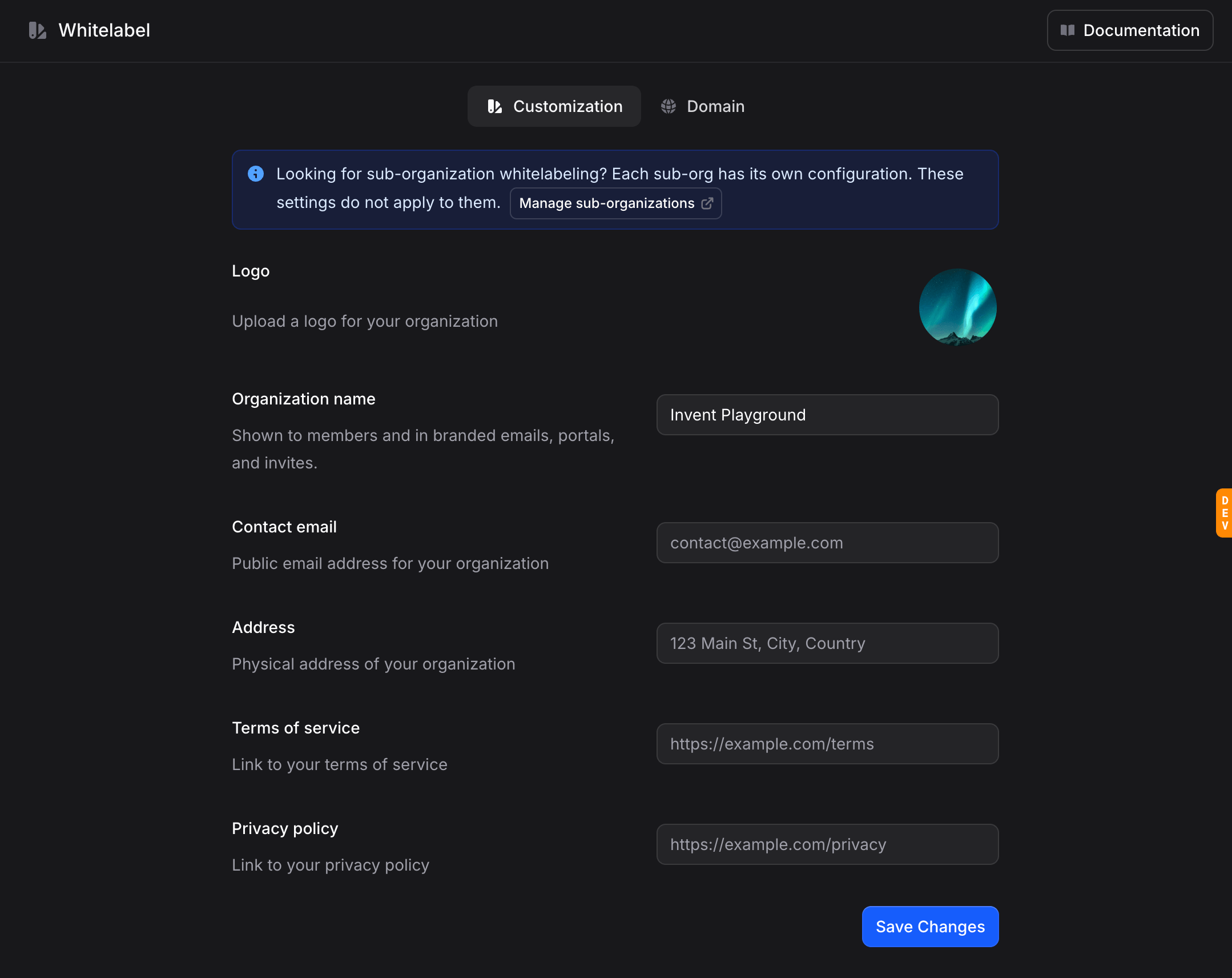 Whitelabel page with Customization and Domain tabs