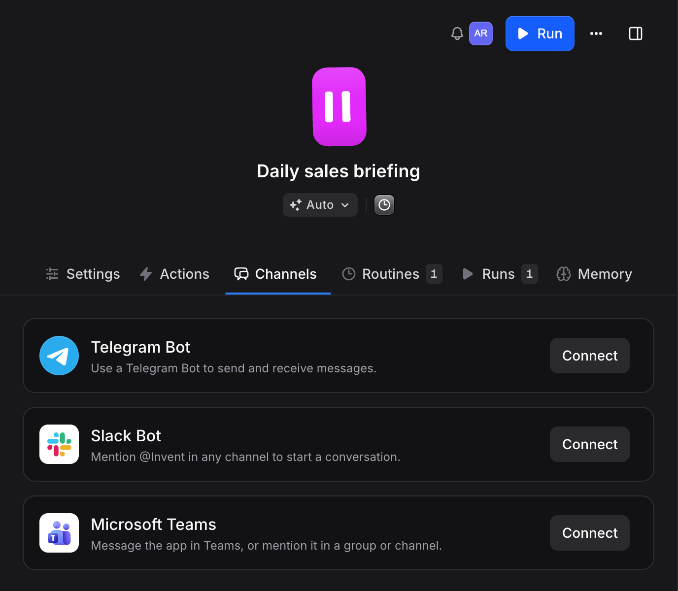 An agent's Channels tab with Telegram Bot, Slack Bot and Microsoft Teams, each with a Connect button