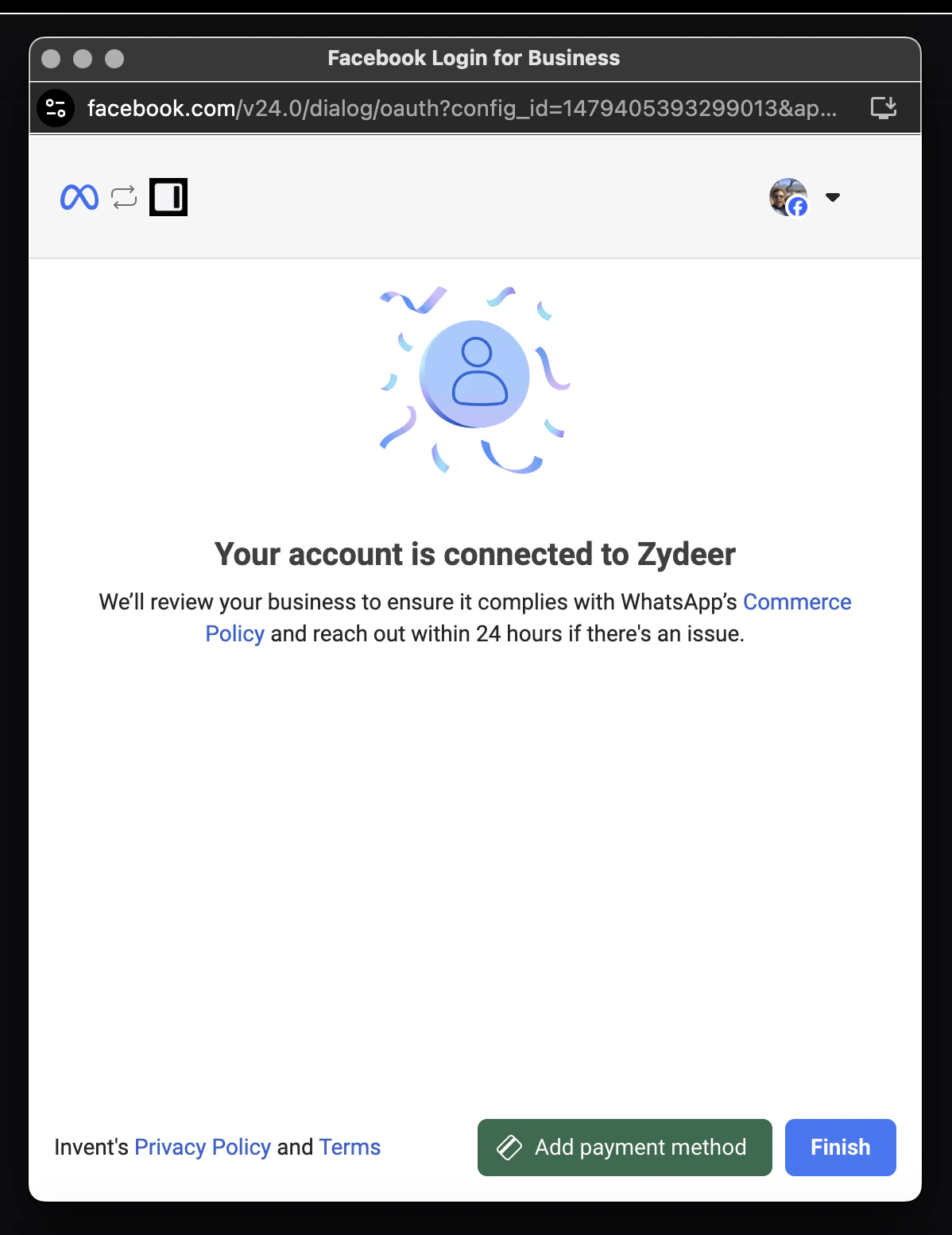 'Your account is connected' confirmation screen with Add payment method and Finish buttons