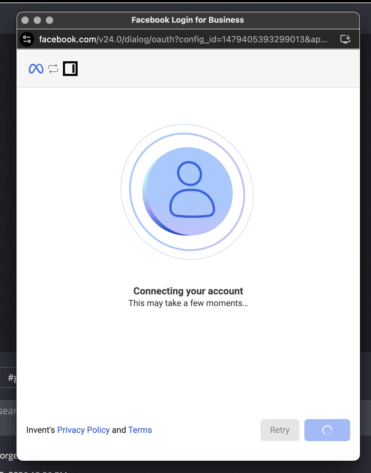 Meta's 'Connecting your account' progress screen