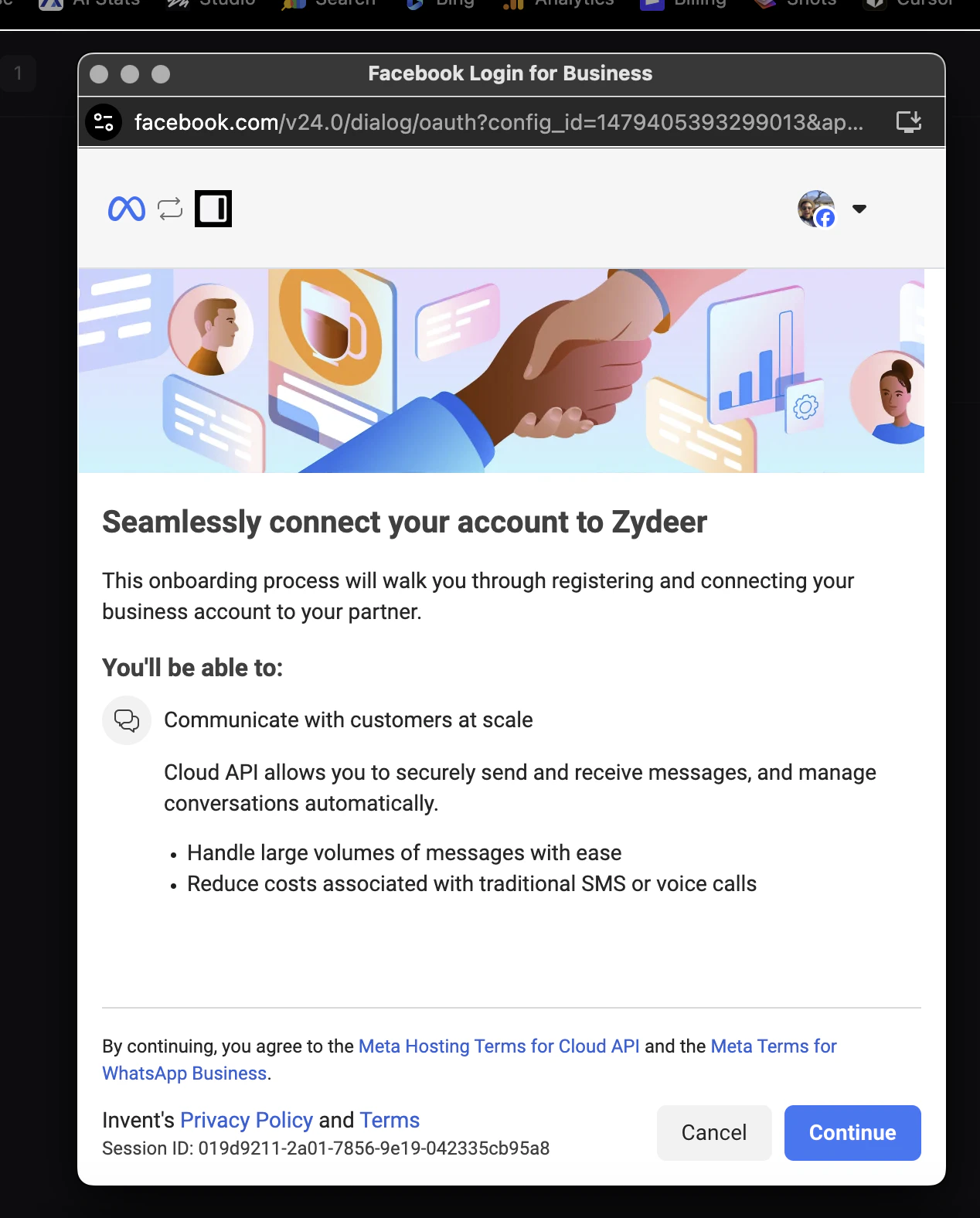 Meta's Facebook Login for Business welcome screen for the WhatsApp integration