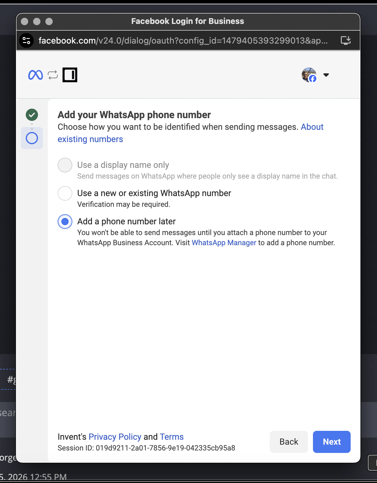 Add your WhatsApp phone number screen with three options