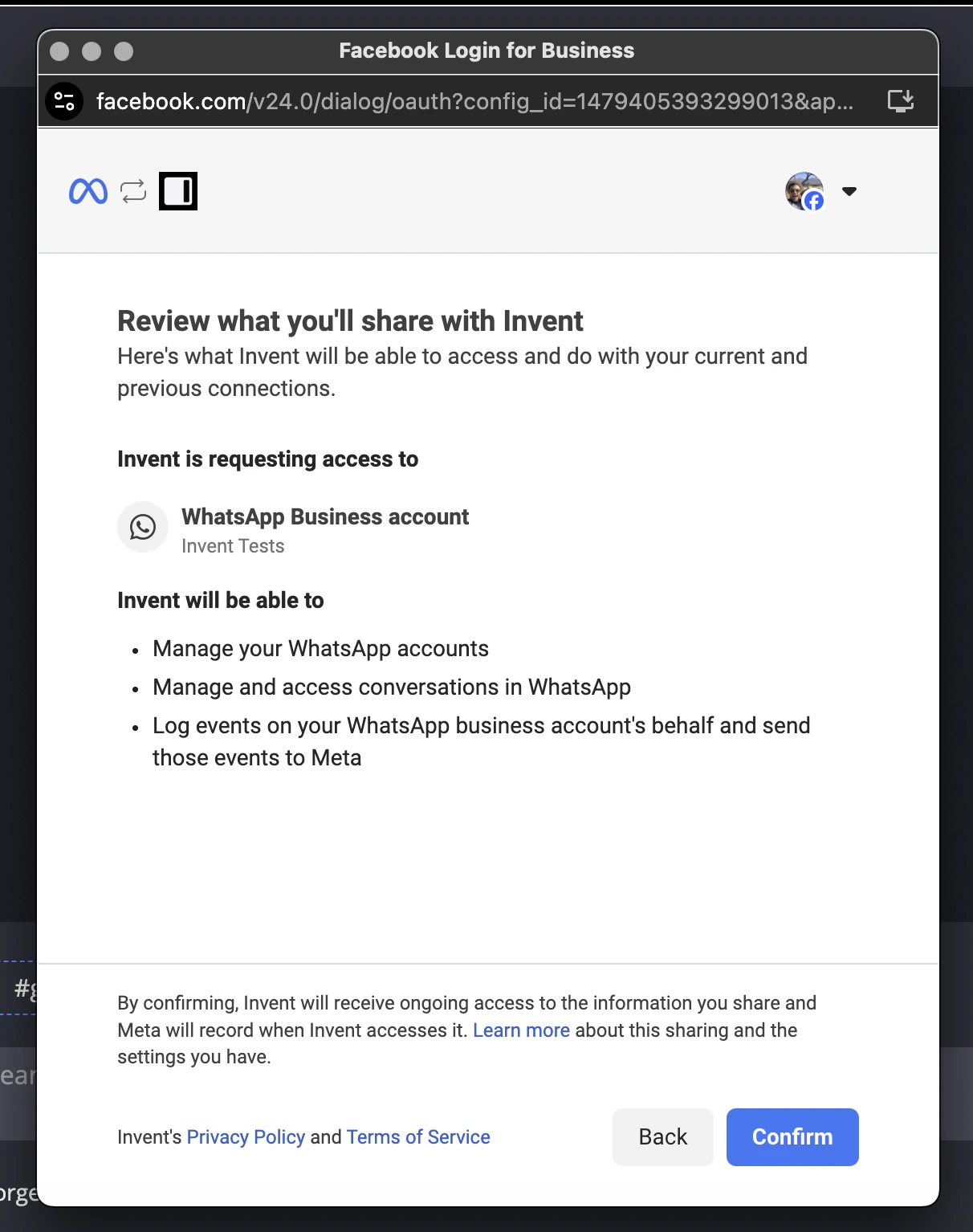 Review what you'll share with Invent, listing the WhatsApp Business account and the permissions requested
