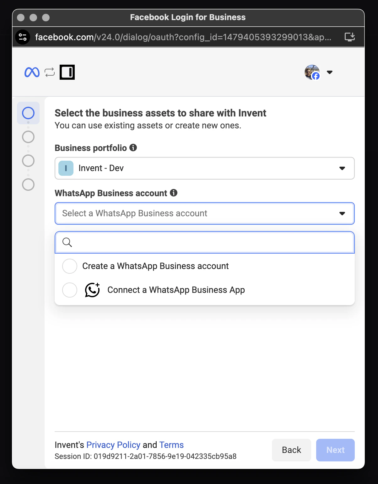 Select the business assets to share: Business portfolio and WhatsApp Business account