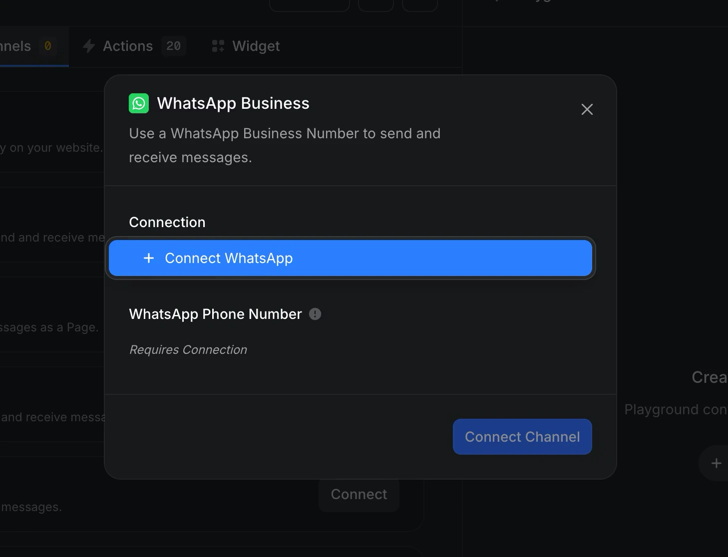 Empty WhatsApp connect dialog with a + Connect WhatsApp button inside the Connection field