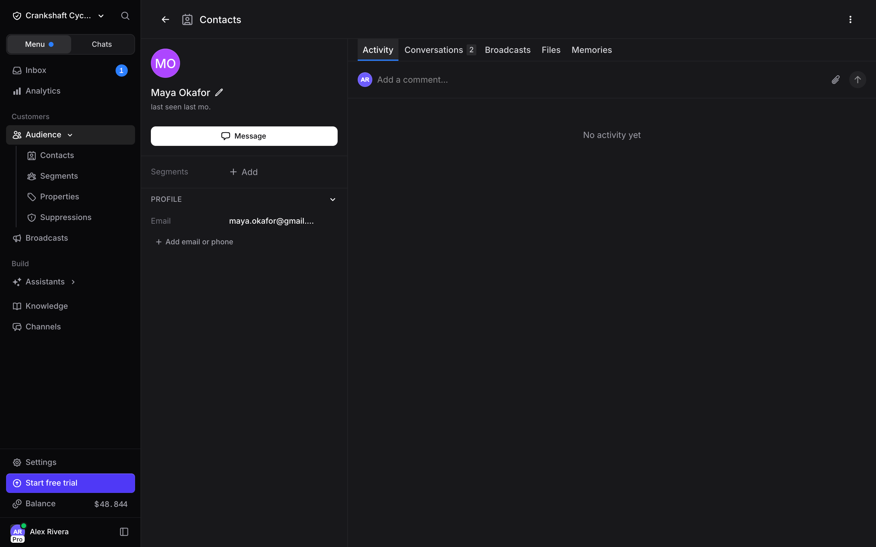 The full contact page with the profile on the left and the history tabs