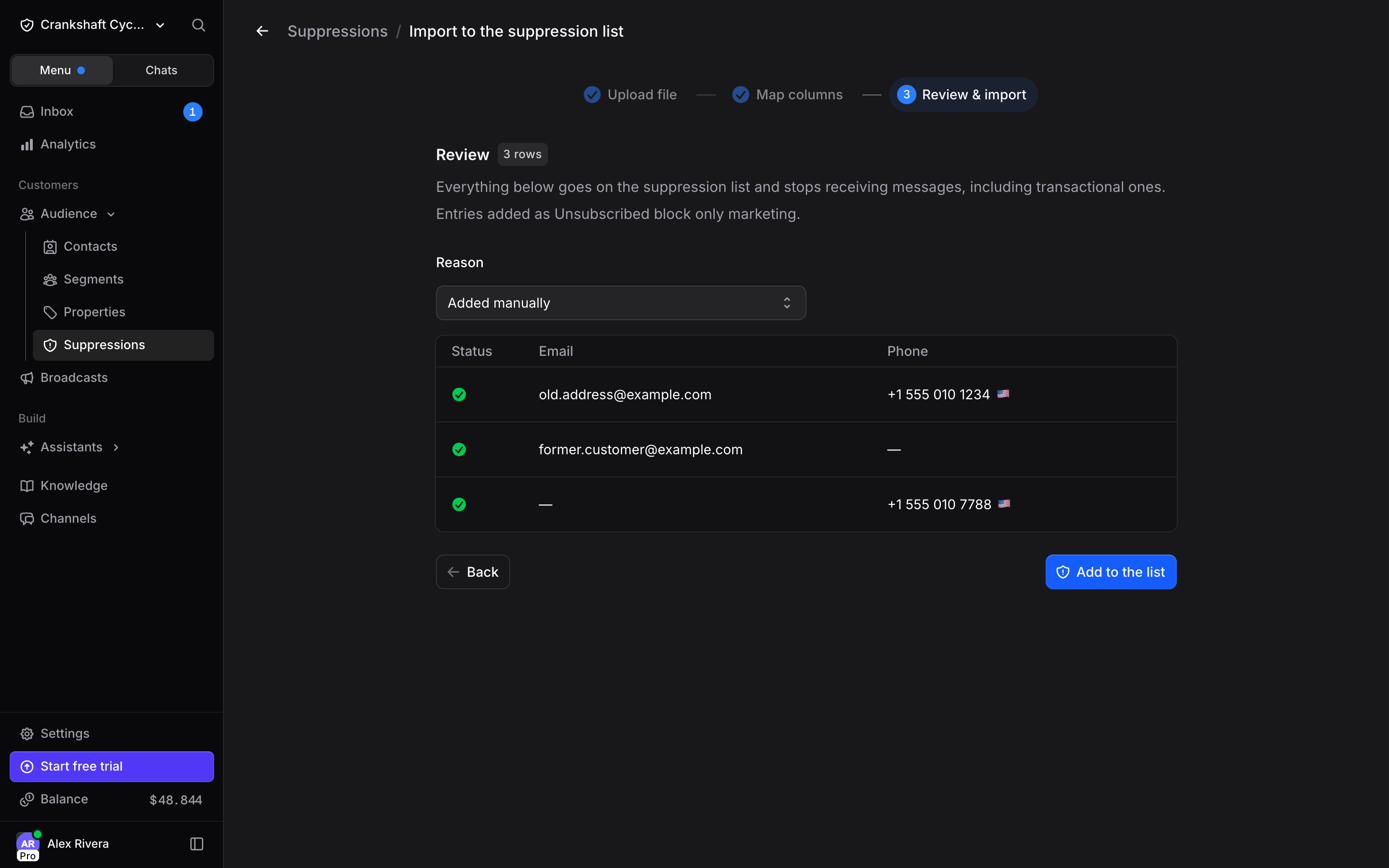 Review a suppression import