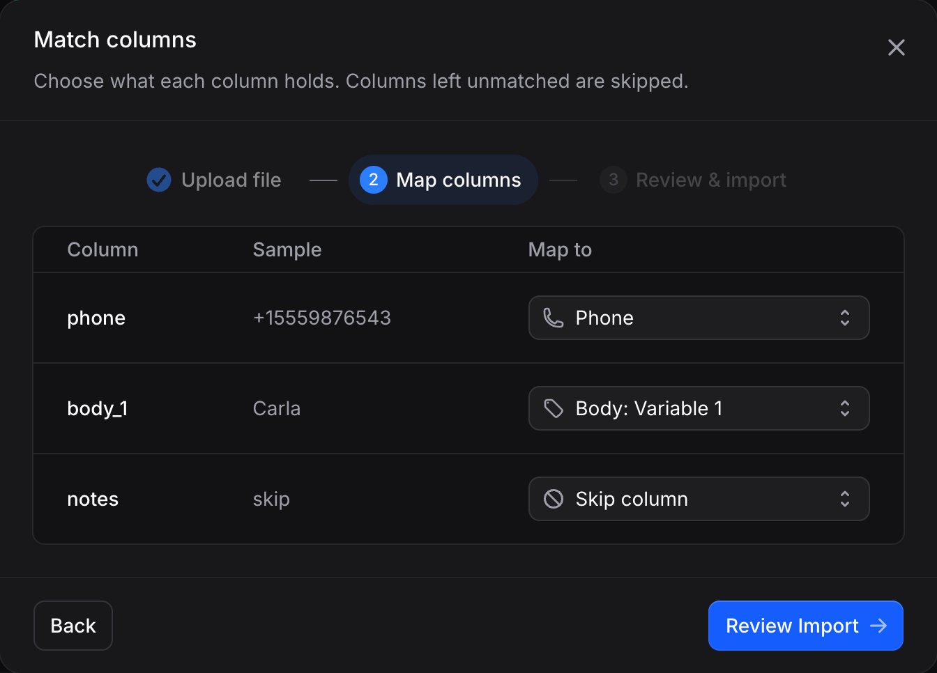 Import values dialog matching columns to variables