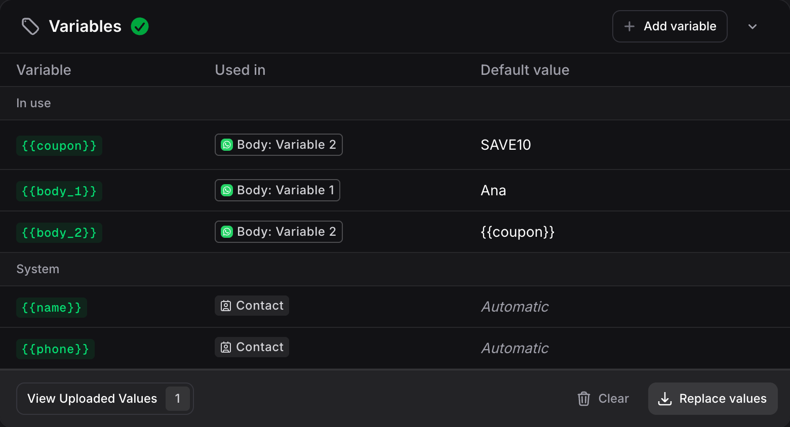 Variables card with the template slots, a custom variable and the contact variables