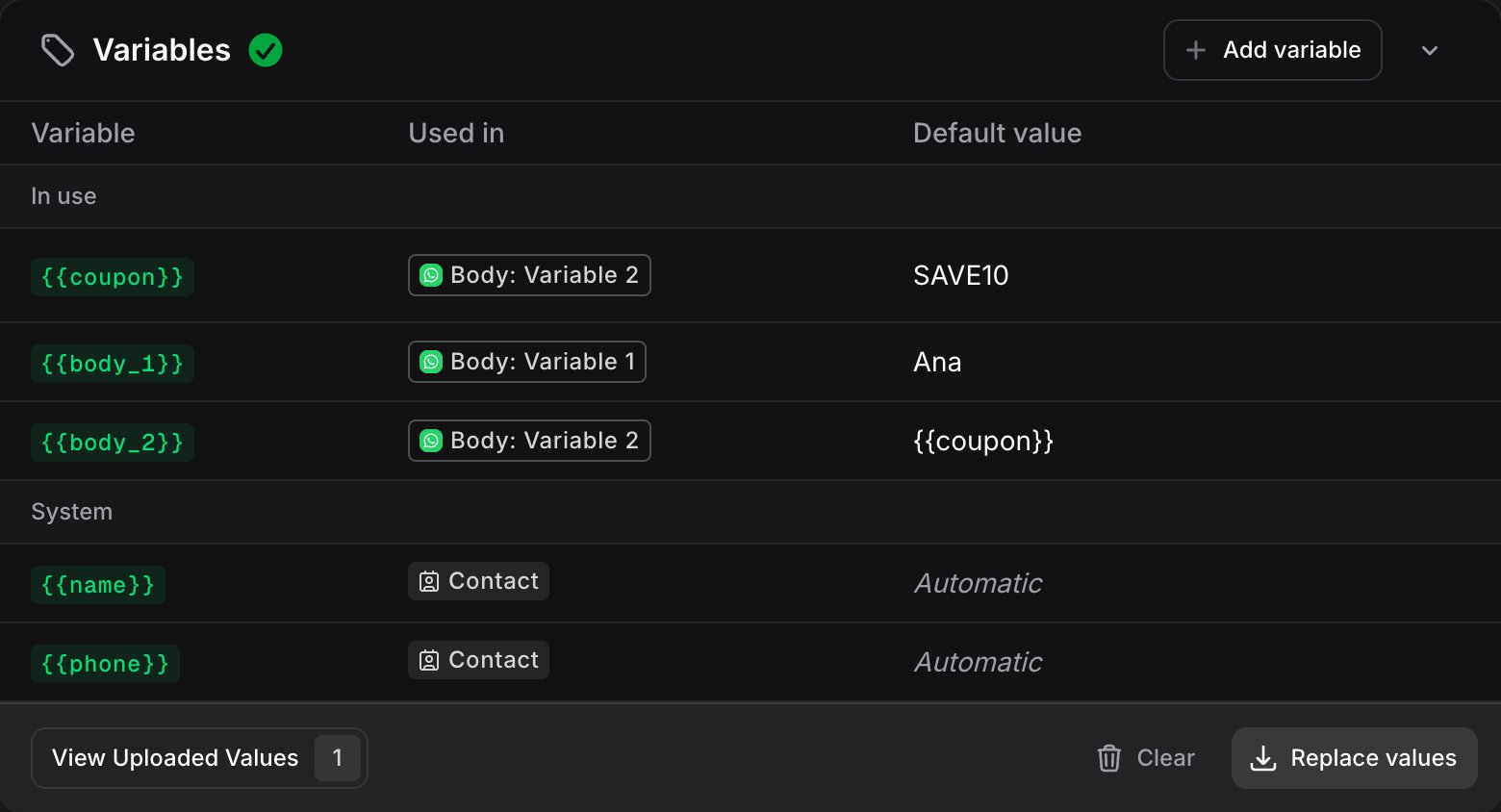 Variables card with the template slots, a custom variable and the contact variables