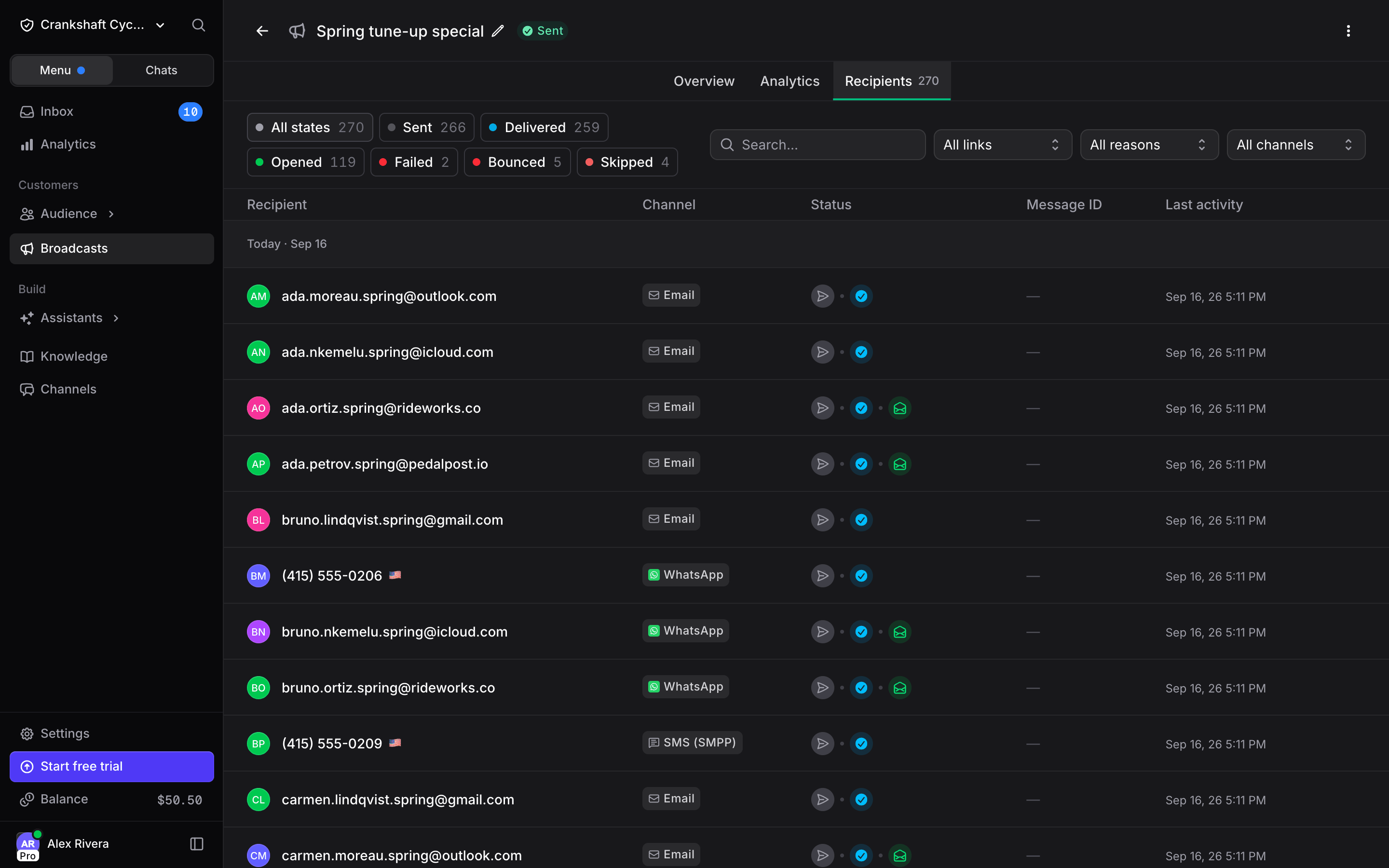 Recipients tab with status chips and one row per recipient