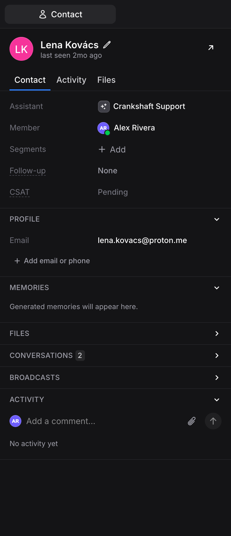 Contact panel showing info, profile, memories, and files