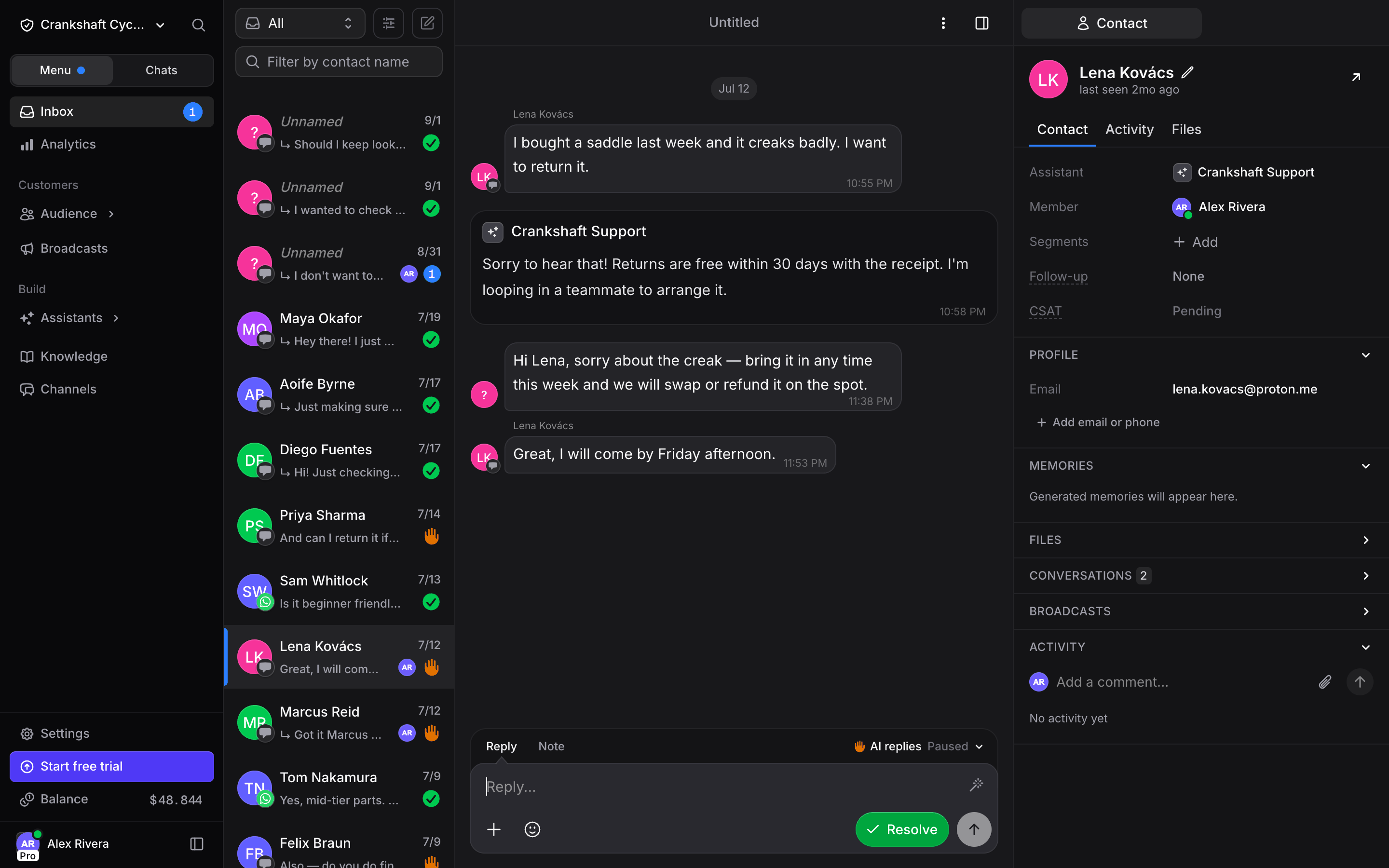 Inbox overview with the conversation list on the left, message thread in the center, and contact panel on the right