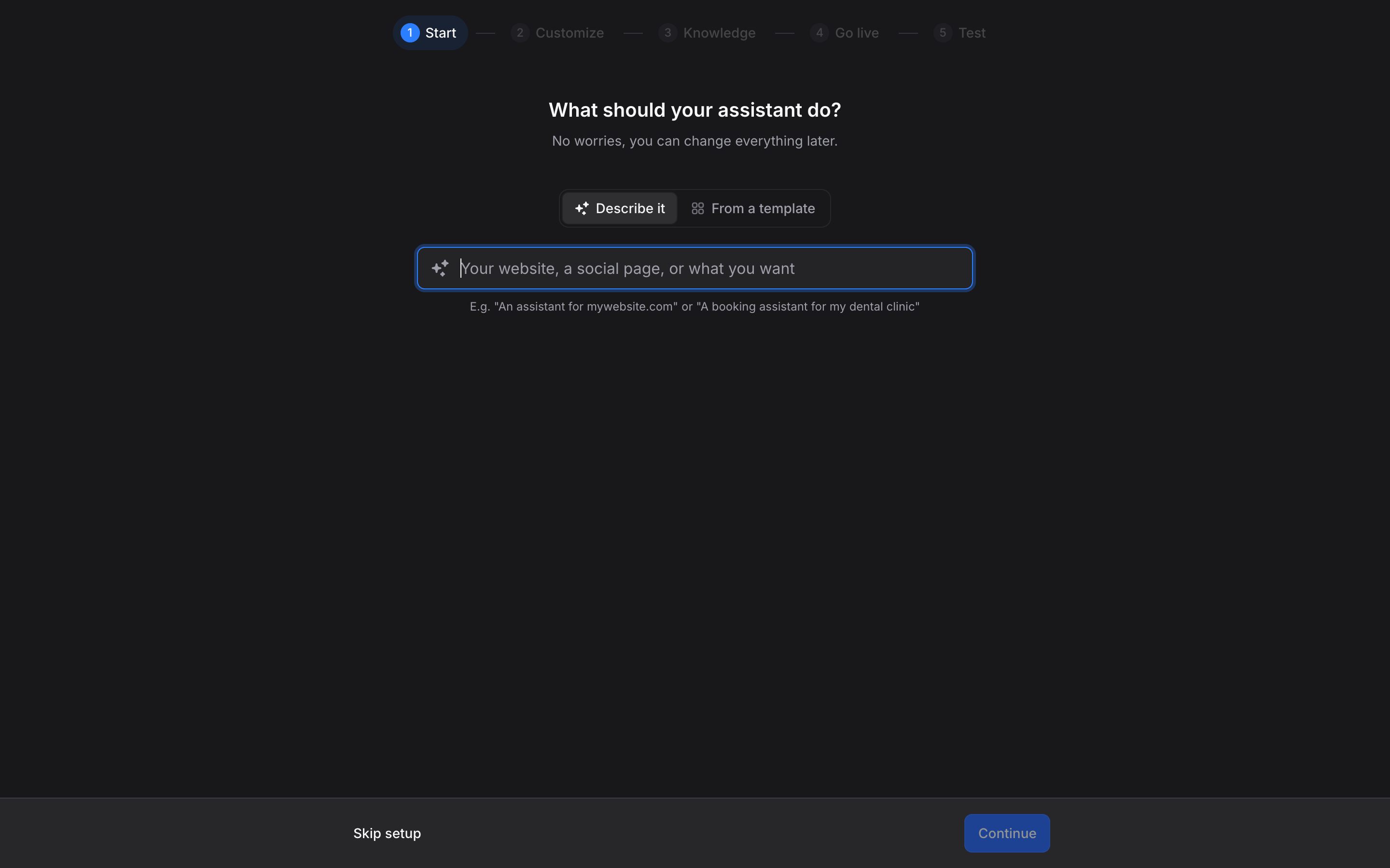 The setup wizard on its Start step