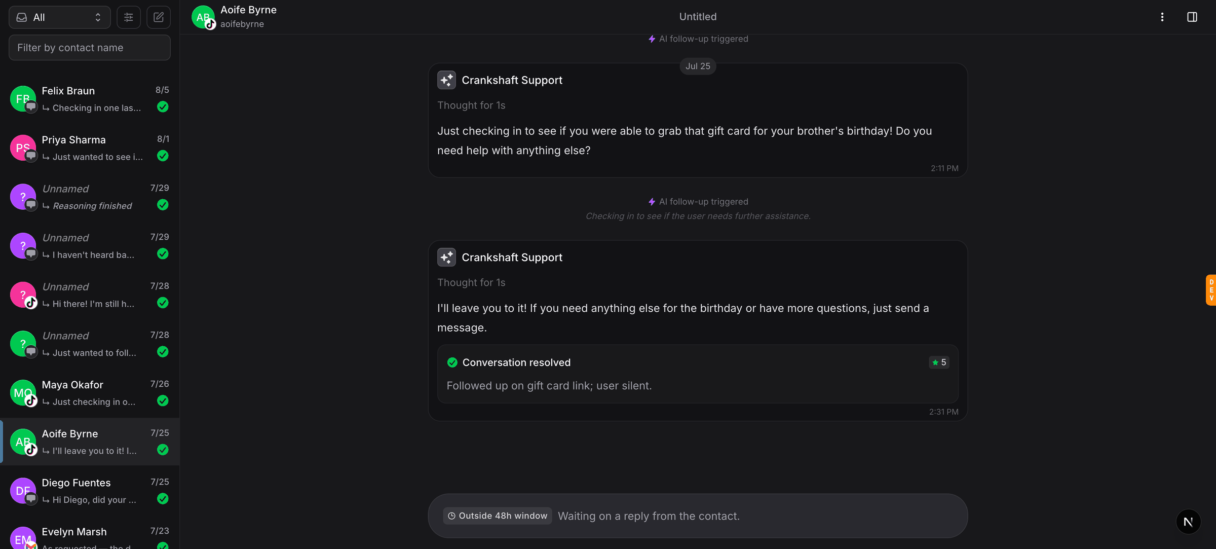 Invent Inbox showing a TikTok conversation, the customer handle under their name, assistant replies in the thread, and an Outside 48h window notice on the reply box