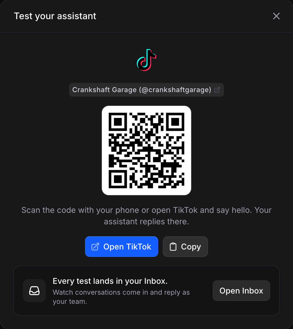Test your assistant dialog showing the connected TikTok profile, a QR code to it, and Open TikTok, Copy, and Open Inbox buttons