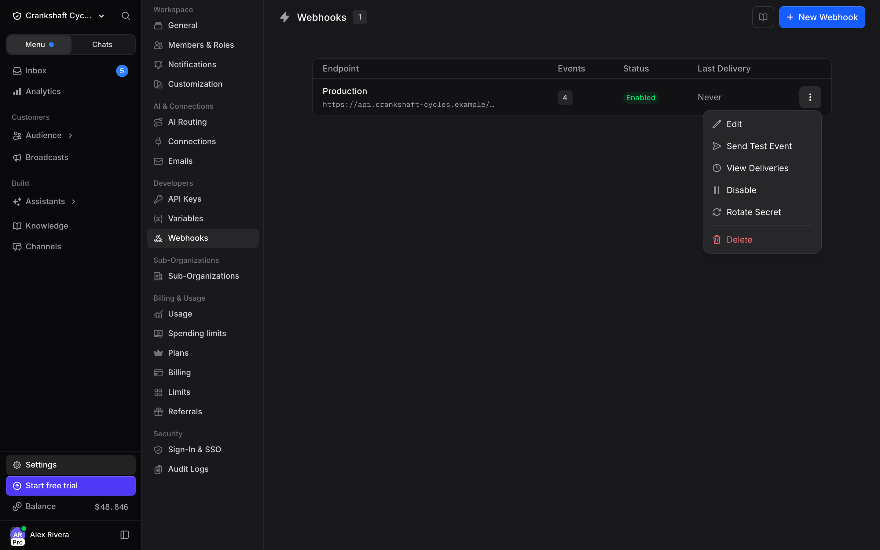 Webhook options menu