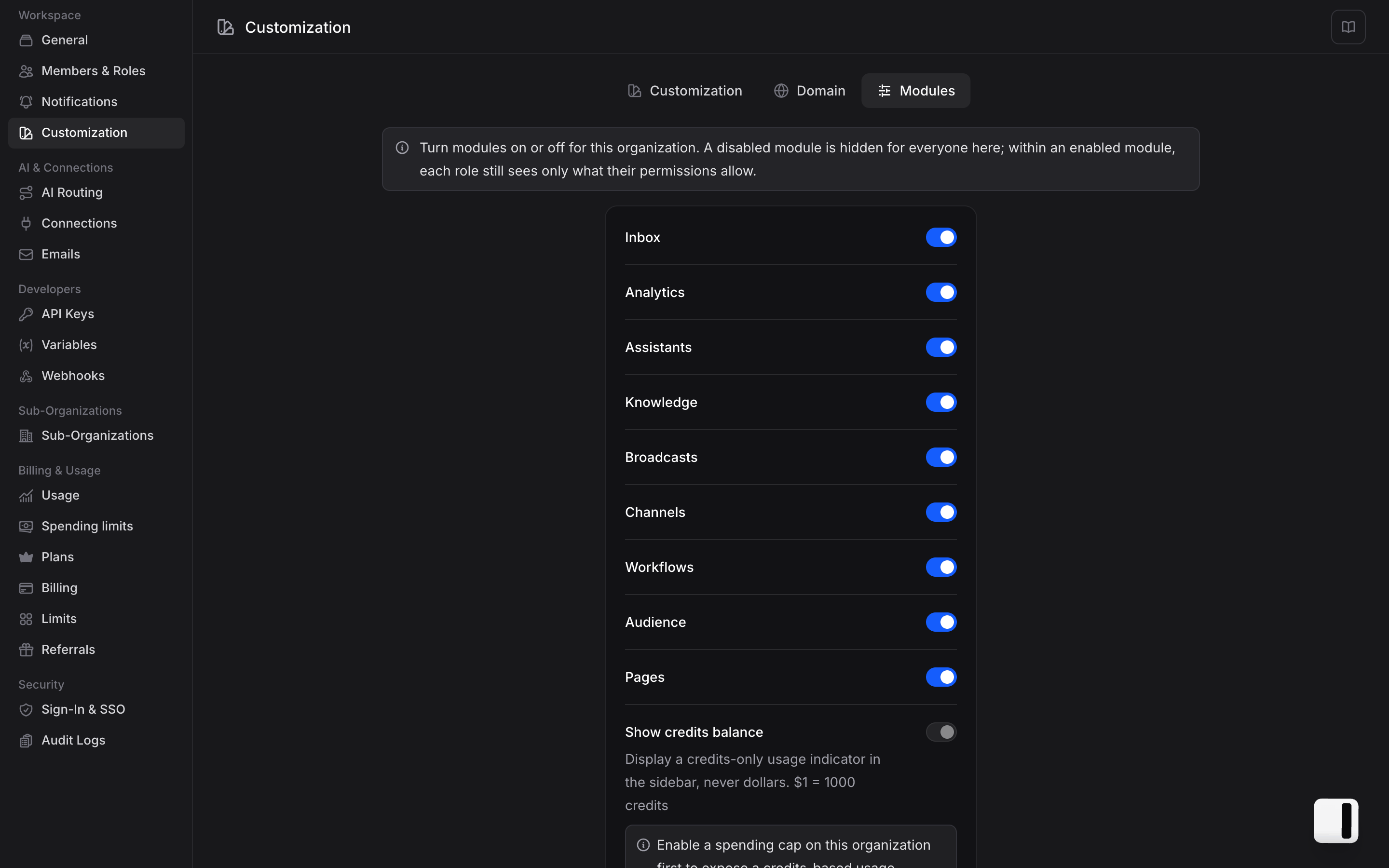 Modules tab with a switch per section of the product