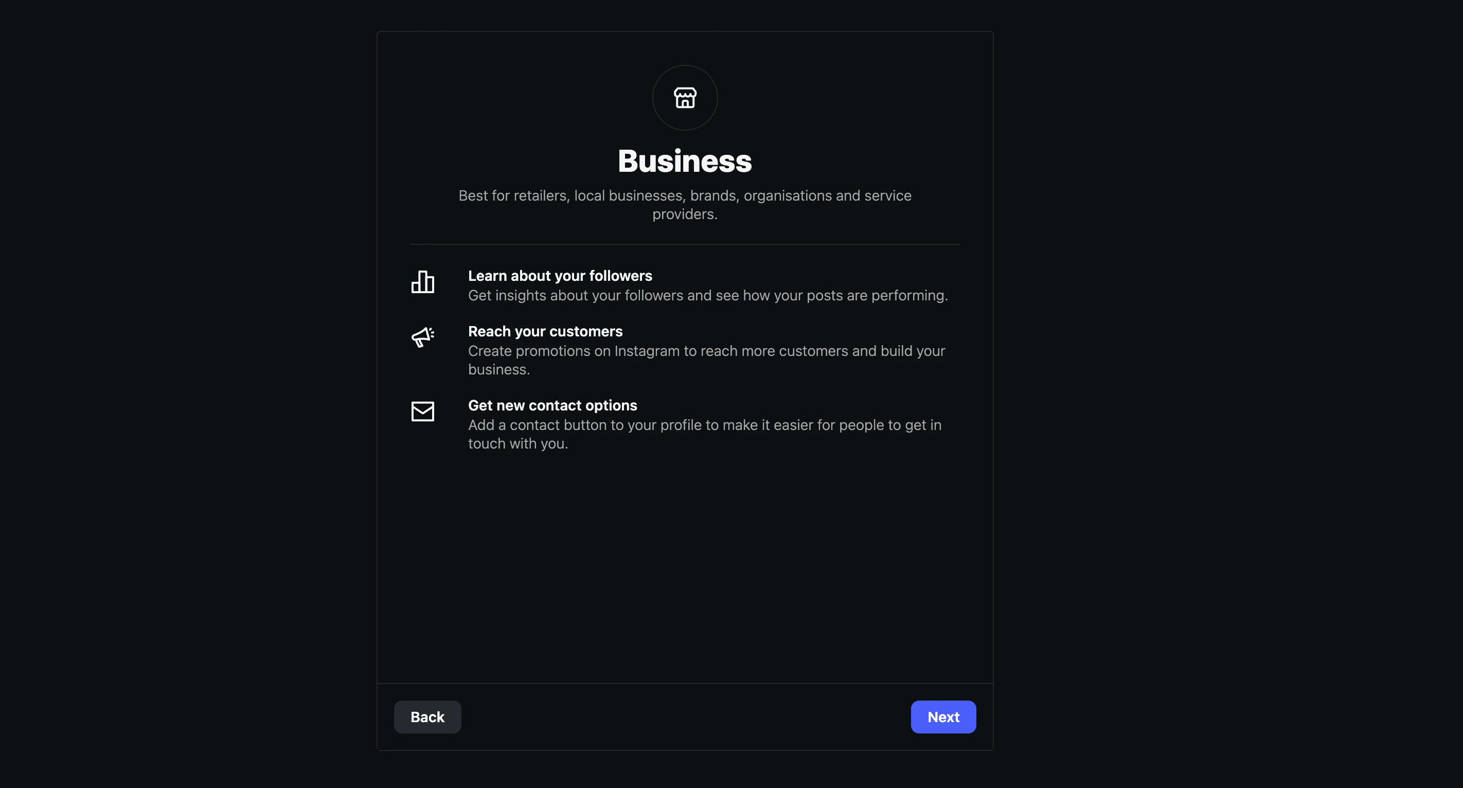 Business overview screen showing the perks of a Business account: insights, promotions, and contact options