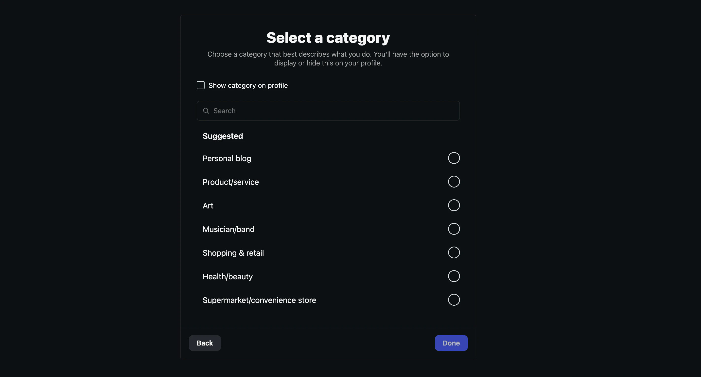Select a category screen with a search field and suggested categories like Personal blog, Product/service, Art, Musician/band, Shopping & retail