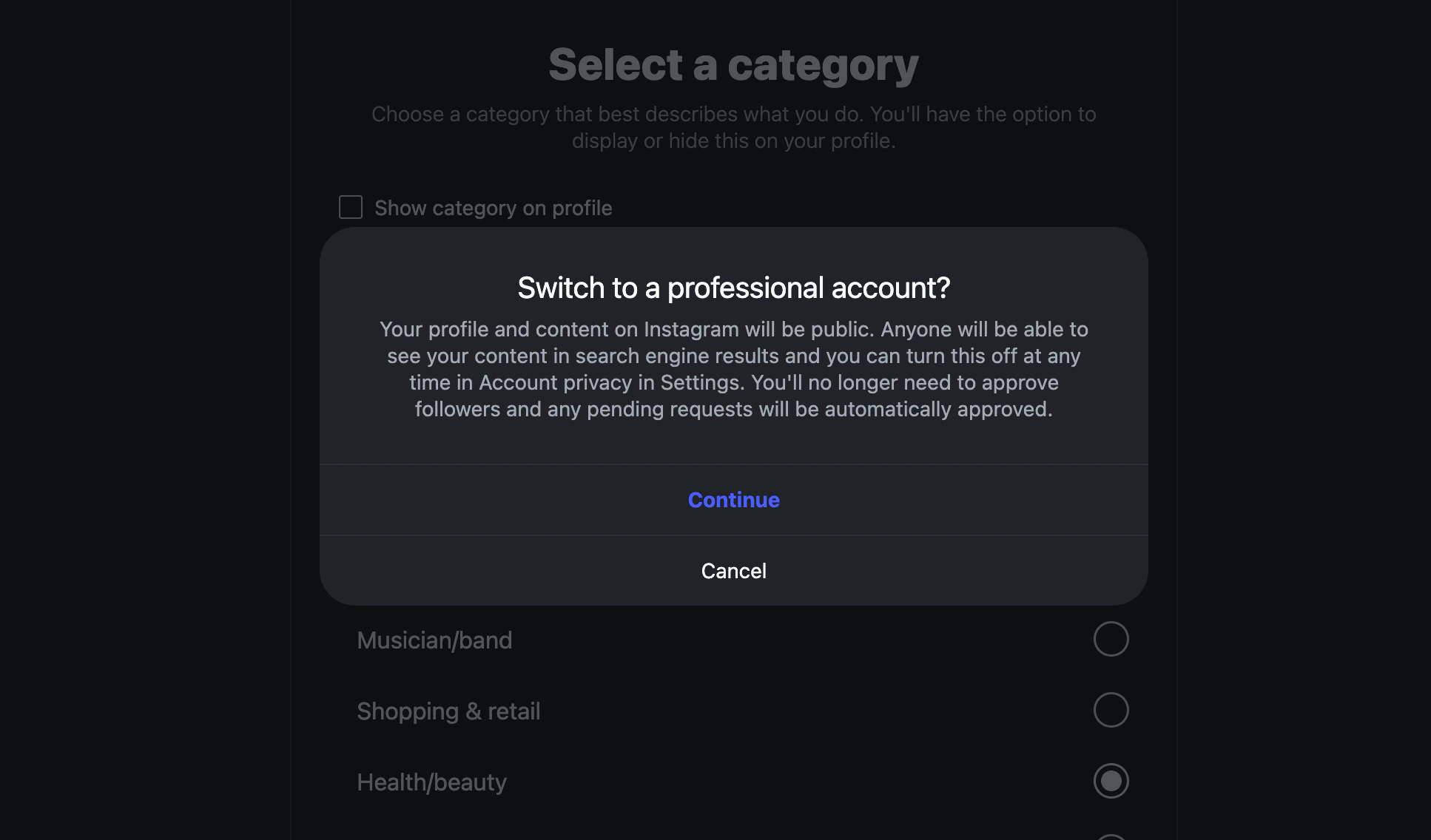 Switch to a professional account? confirmation modal warning that the profile and content will be public