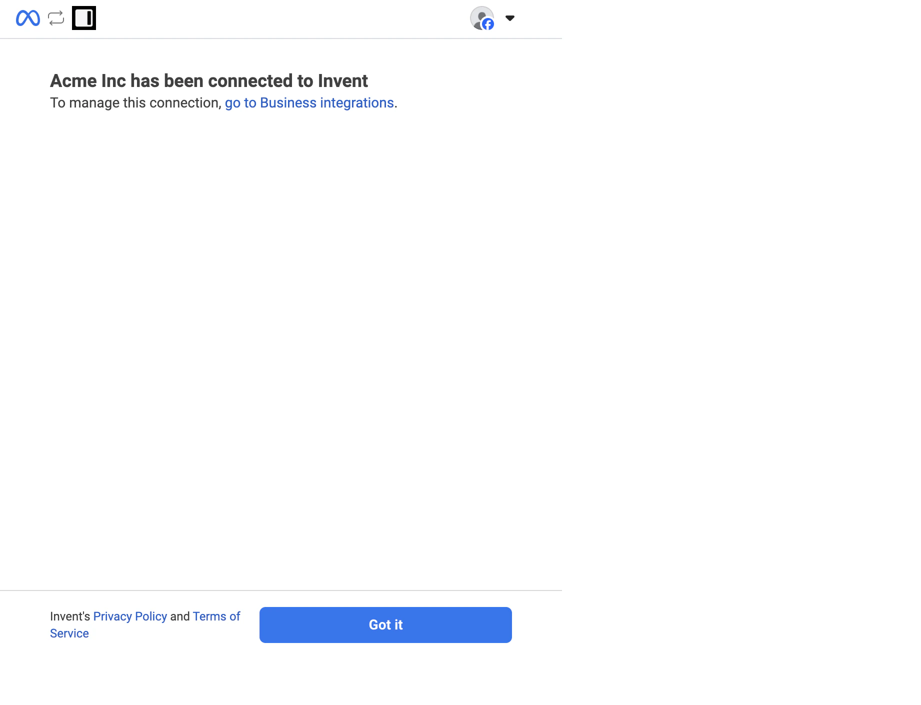 Acme Inc has been connected to Invent confirmation screen with a Got it button and a link to manage the integration in Business integrations