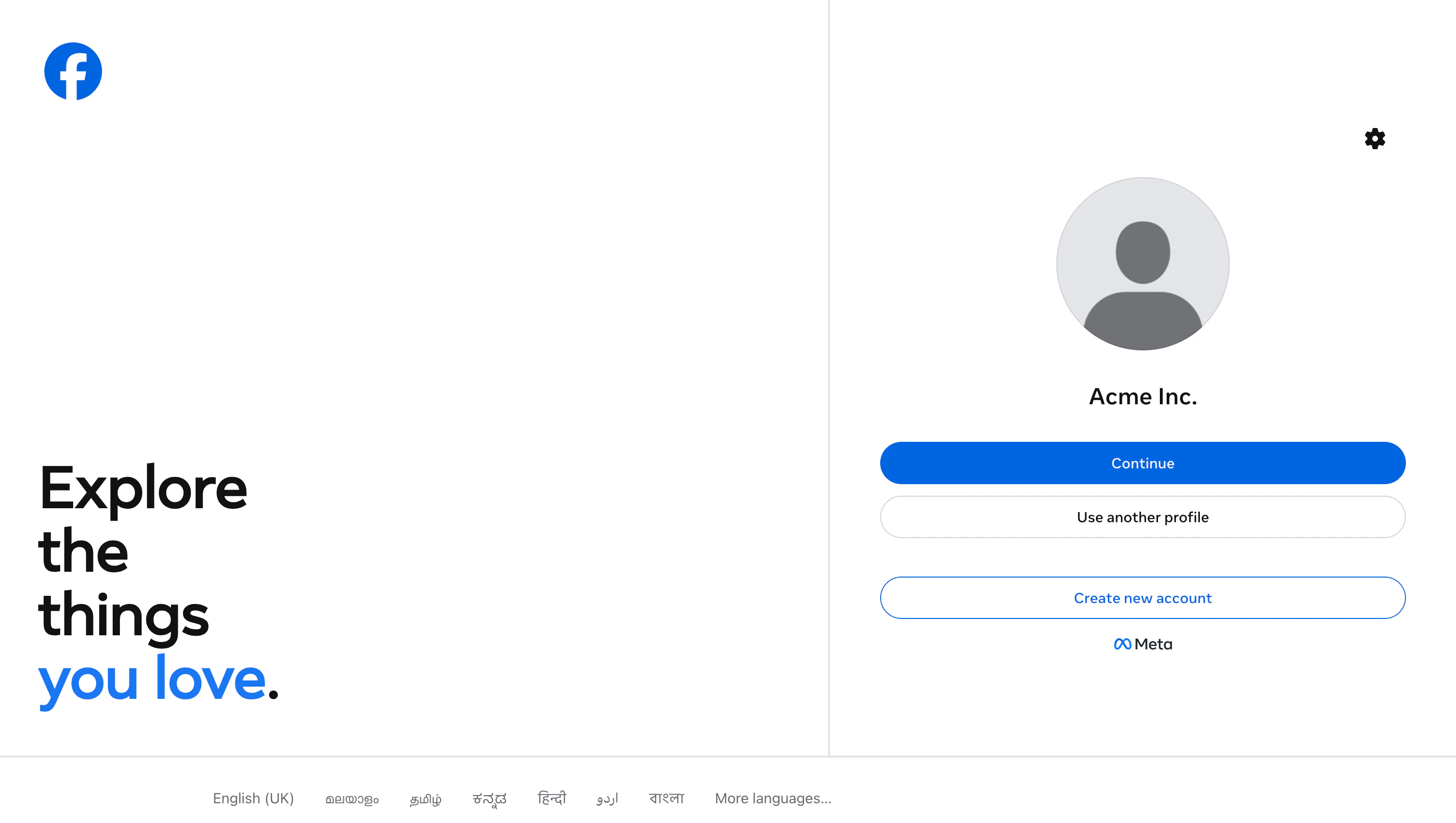 Facebook login screen showing the current profile with Continue, Use another profile, and Create new account buttons