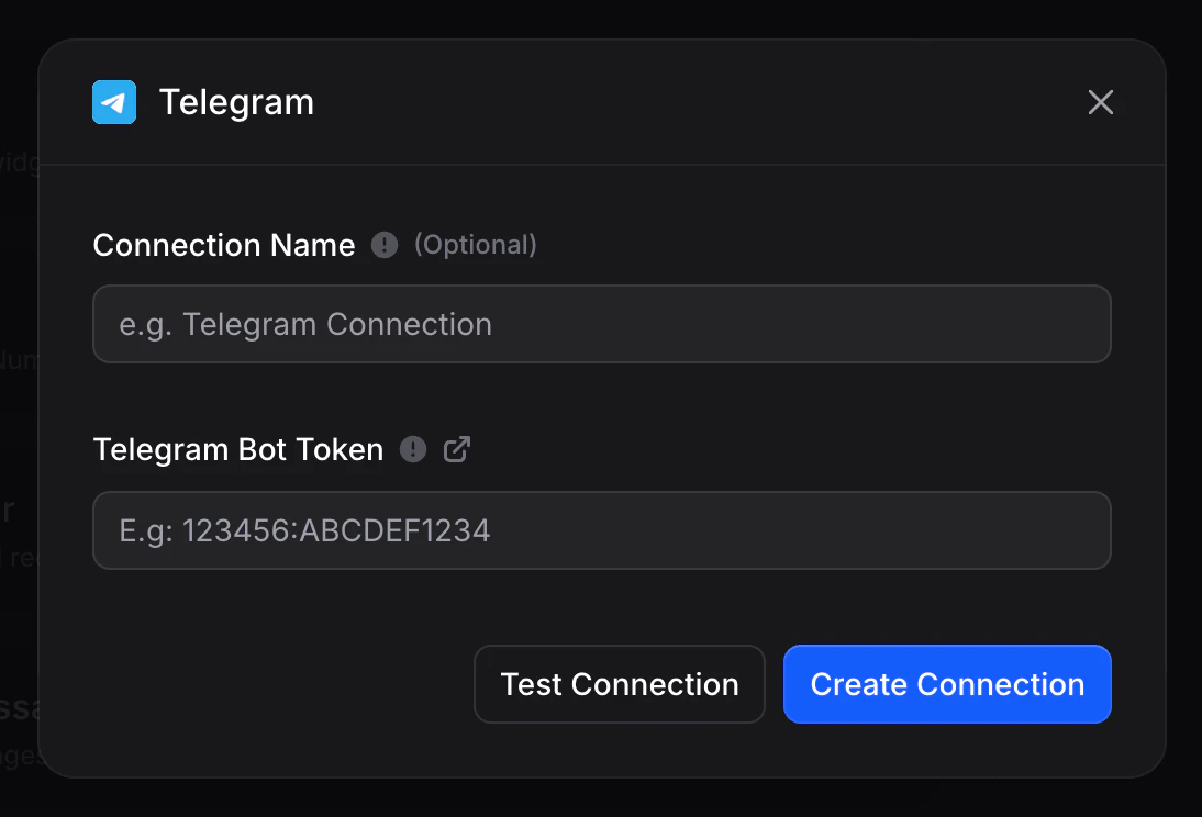 Empty Telegram connection form with Connection Name and Telegram Bot Token fields, plus Test Connection and Create Connection buttons